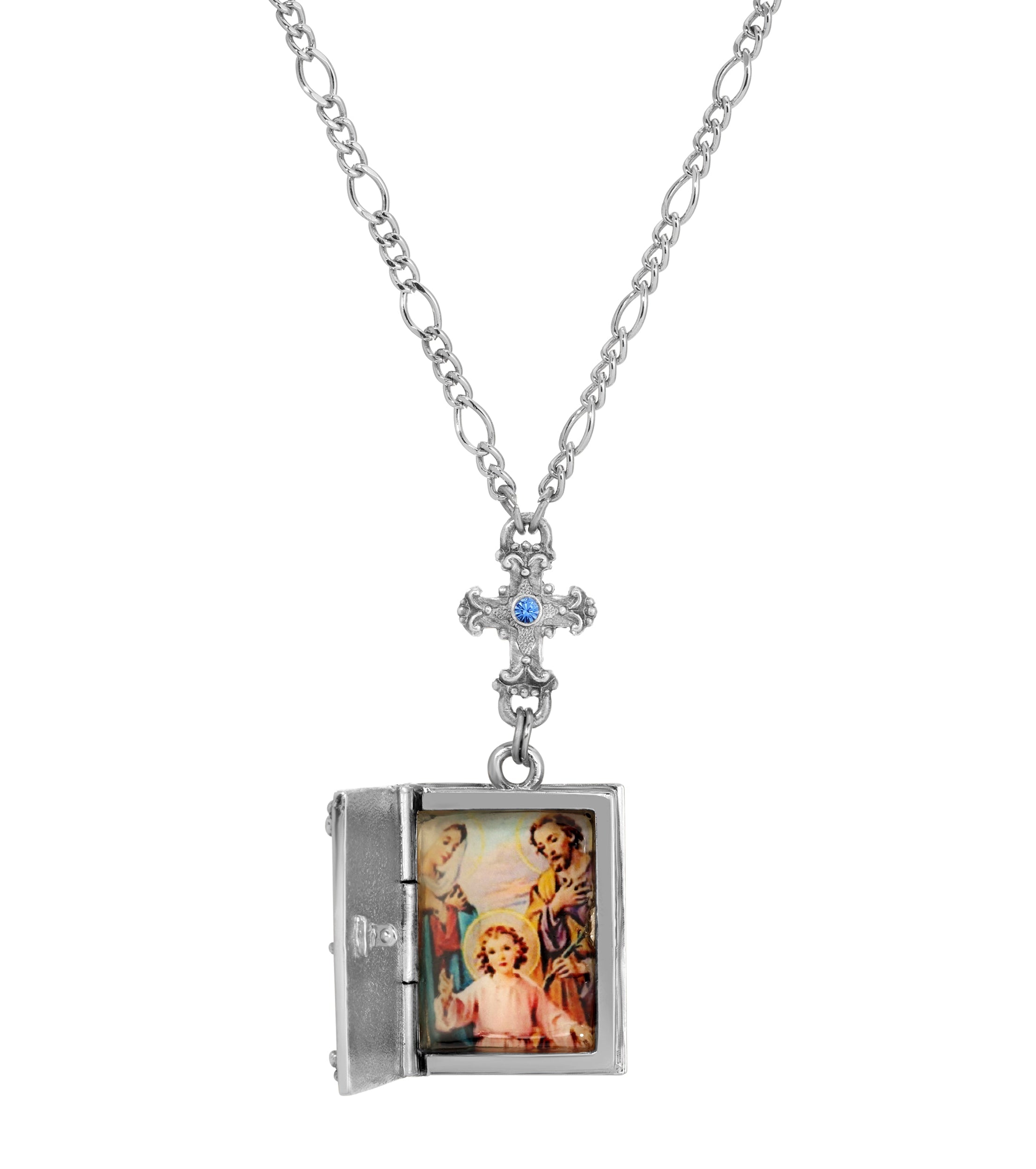 Symbols Of Faith Sapphire Crystal Cross & Holy Bible Pendant Locket Holy Family Necklace 28"