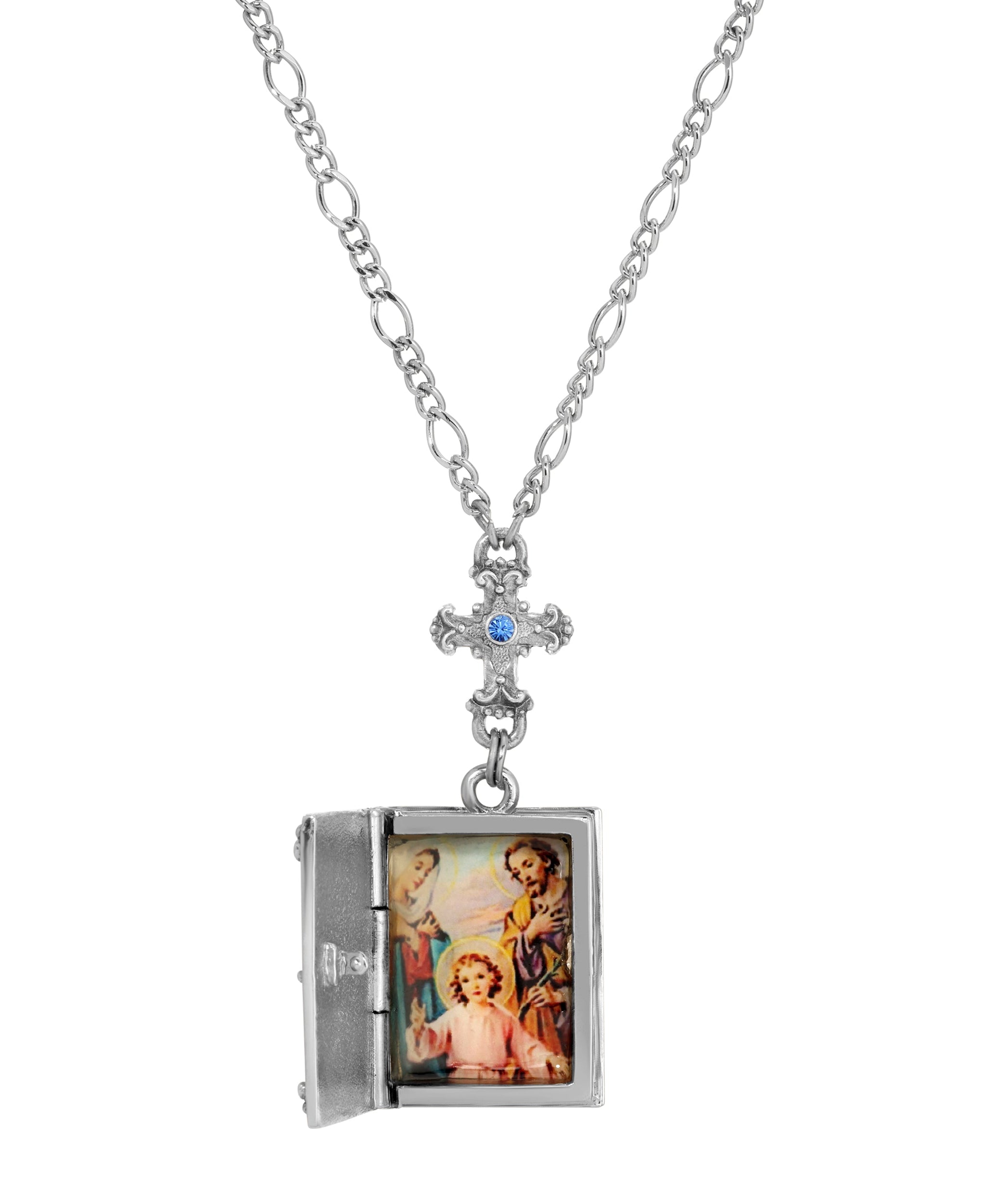 Symbols Of Faith Sapphire Crystal Cross & Holy Bible Pendant Locket Holy Family Necklace 28"