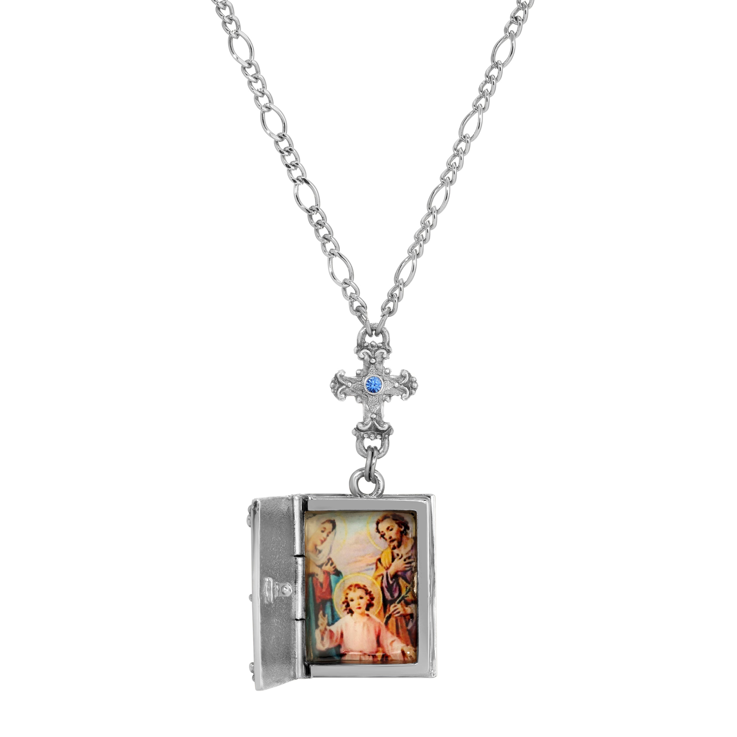 Symbols Of Faith Sapphire Crystal Cross & Holy Bible Pendant Locket Holy Family Necklace 28"