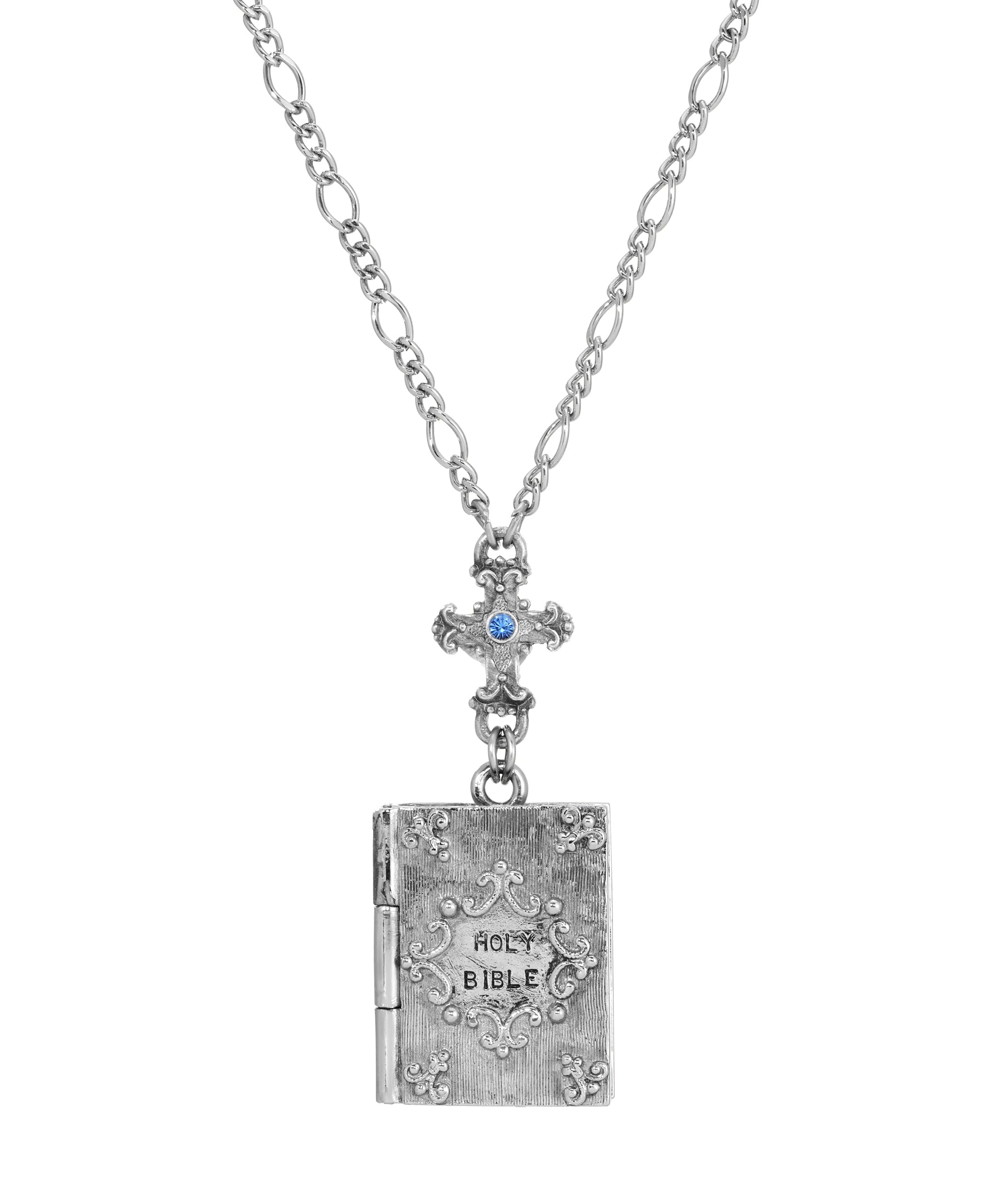 Symbols Of Faith Sapphire Crystal Cross & Holy Bible Pendant Locket Holy Family Necklace 28"