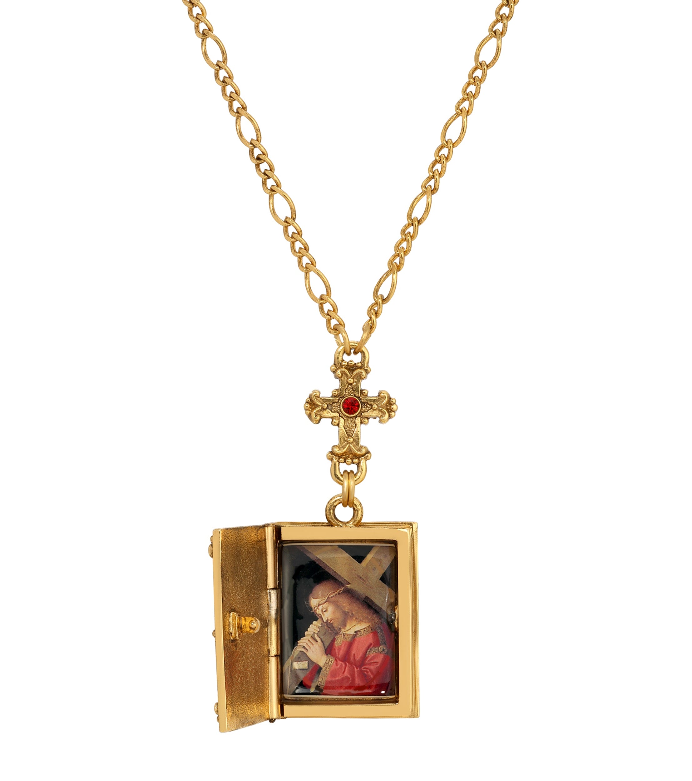 Symbols Of Faith Siam Red Crystal Cross & Holy Bible Pendant Locket Holy Family Necklace 28"