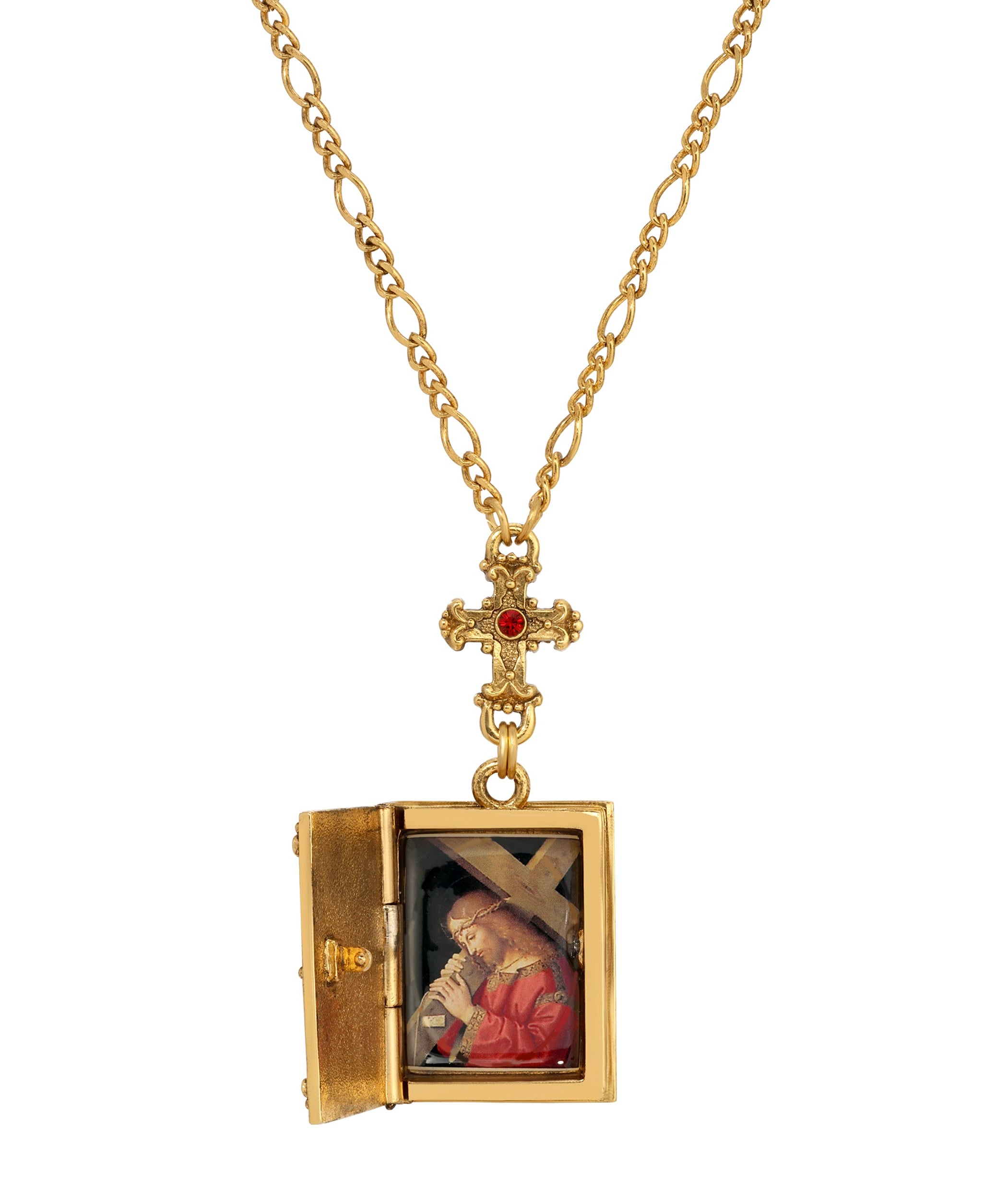 Symbols Of Faith Siam Red Crystal Cross & Holy Bible Pendant Locket Holy Family Necklace 28"