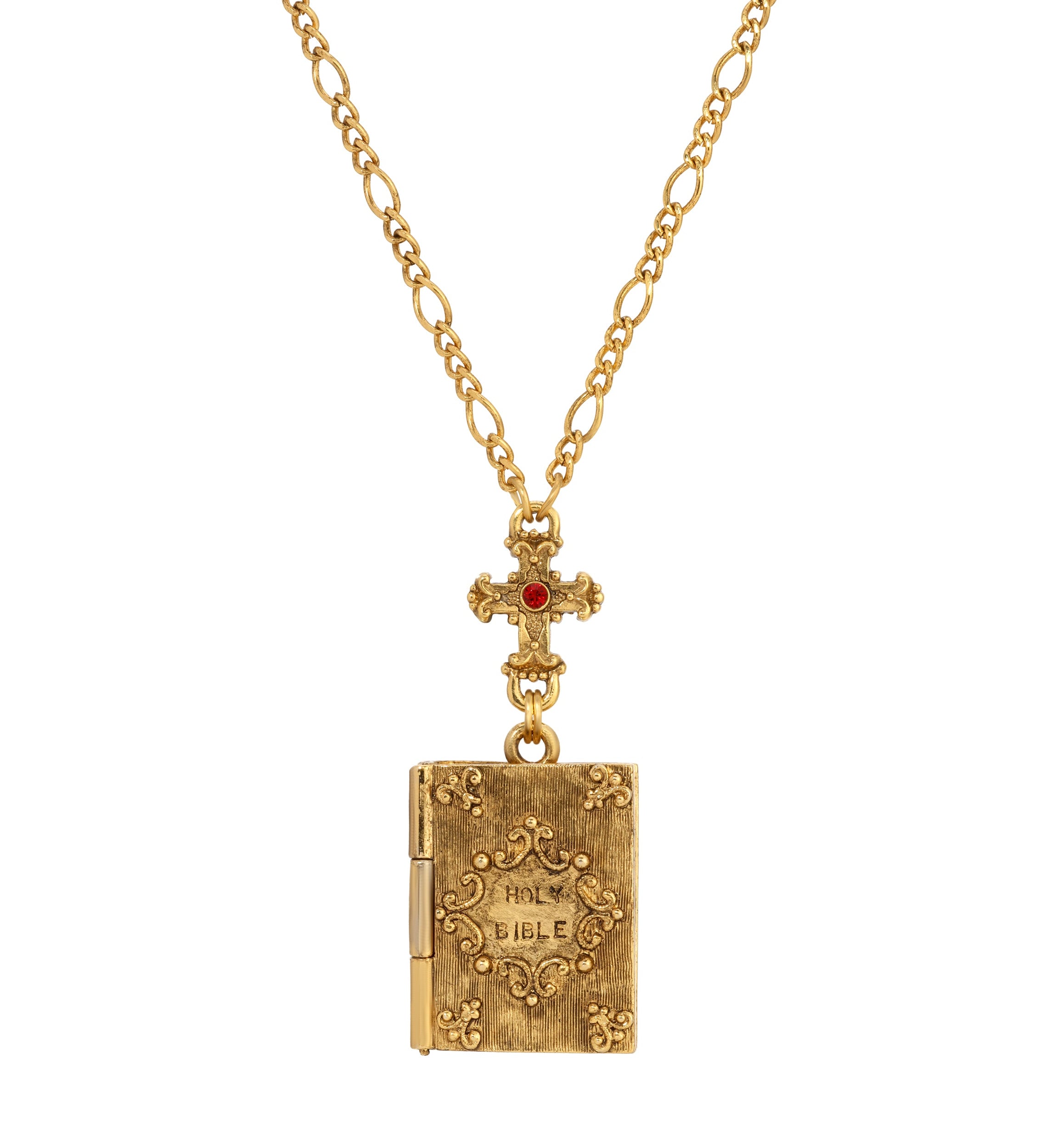 Symbols Of Faith Siam Red Crystal Cross & Holy Bible Pendant Locket Holy Family Necklace 28"