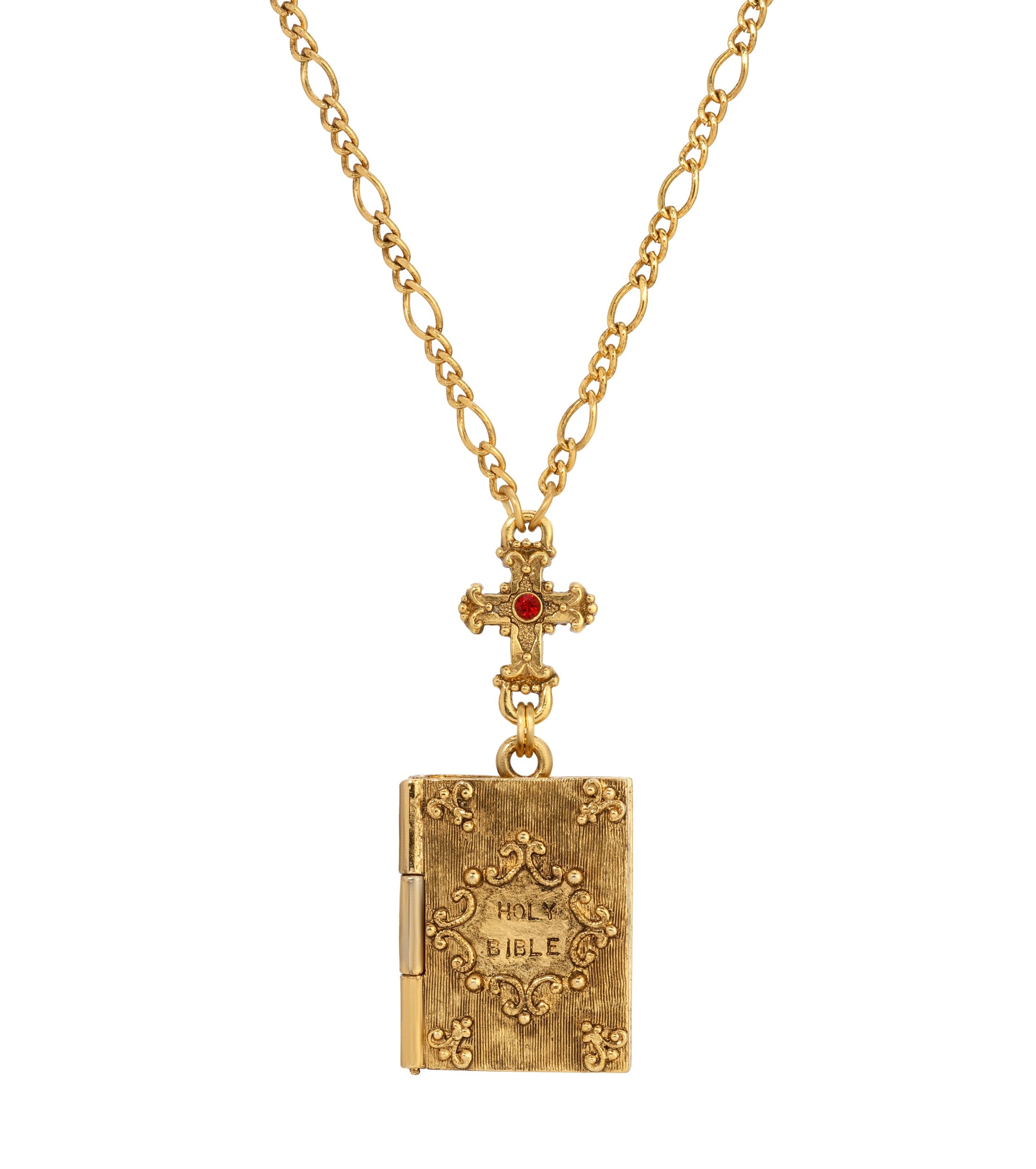 Symbols Of Faith Siam Red Crystal Cross & Holy Bible Pendant Locket Holy Family Necklace 28"