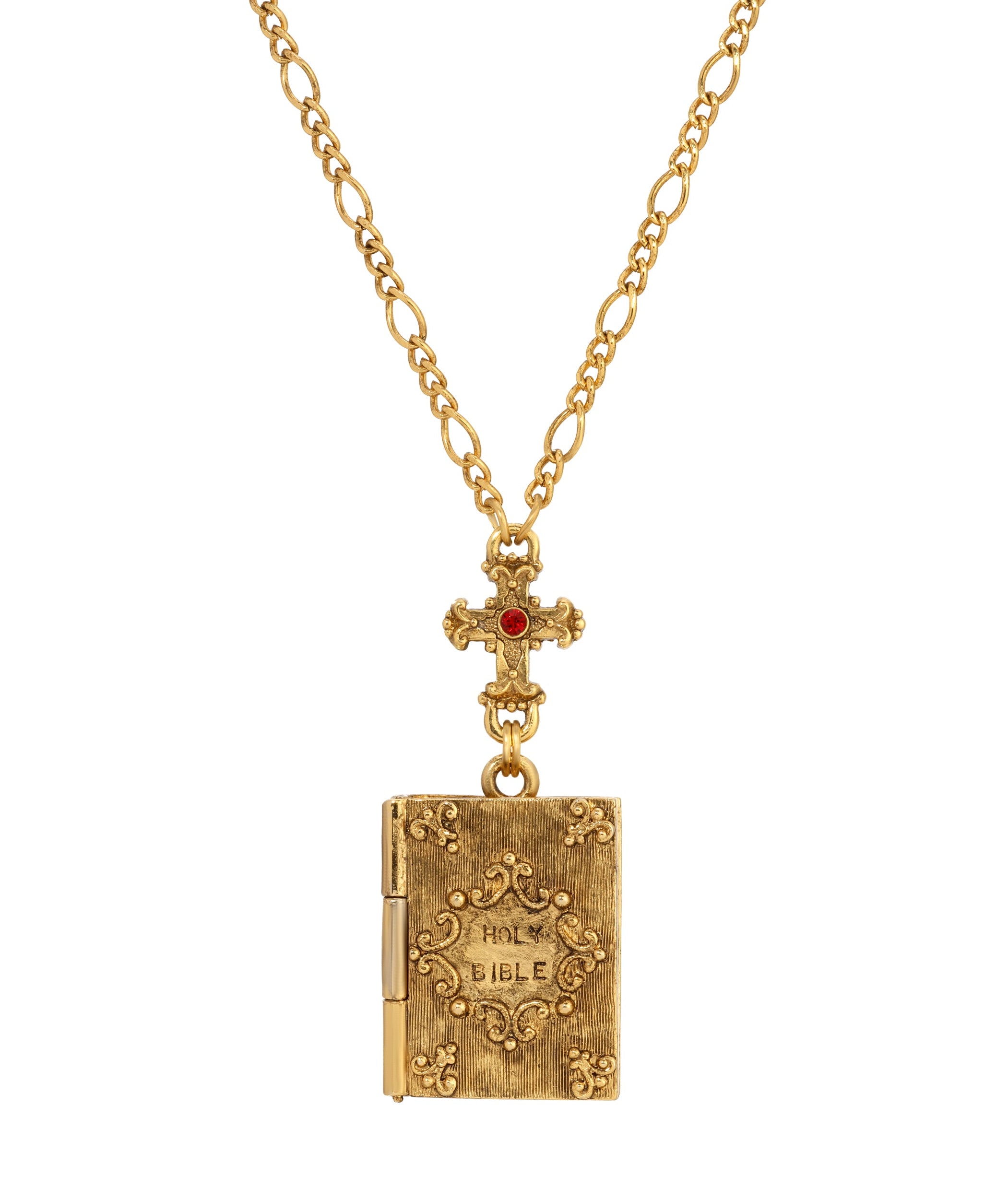 Symbols Of Faith Siam Red Crystal Cross & Holy Bible Pendant Locket Holy Family Necklace 28"
