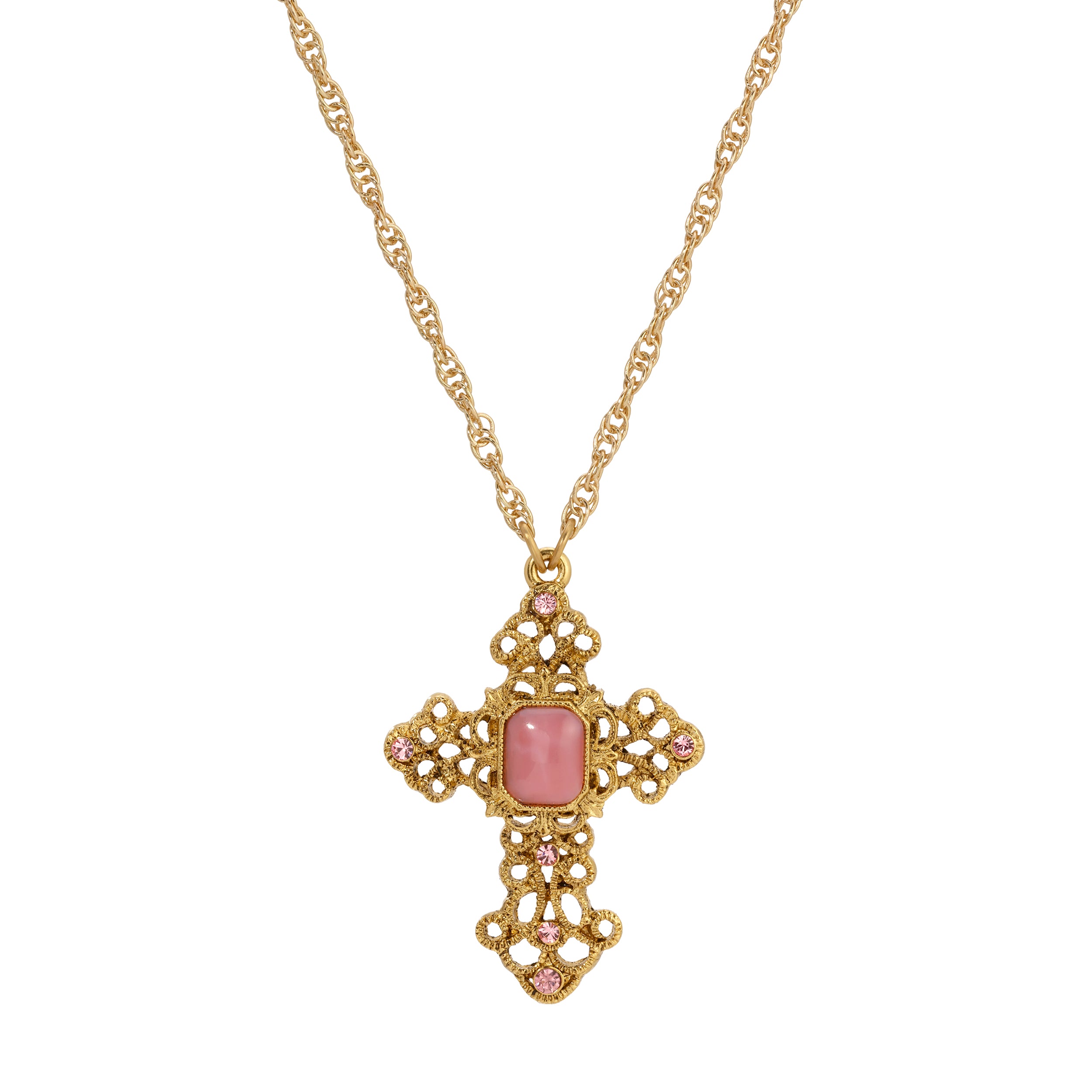 Moonstone Glass Crystal Golden Cross Pendant Necklace 24"
