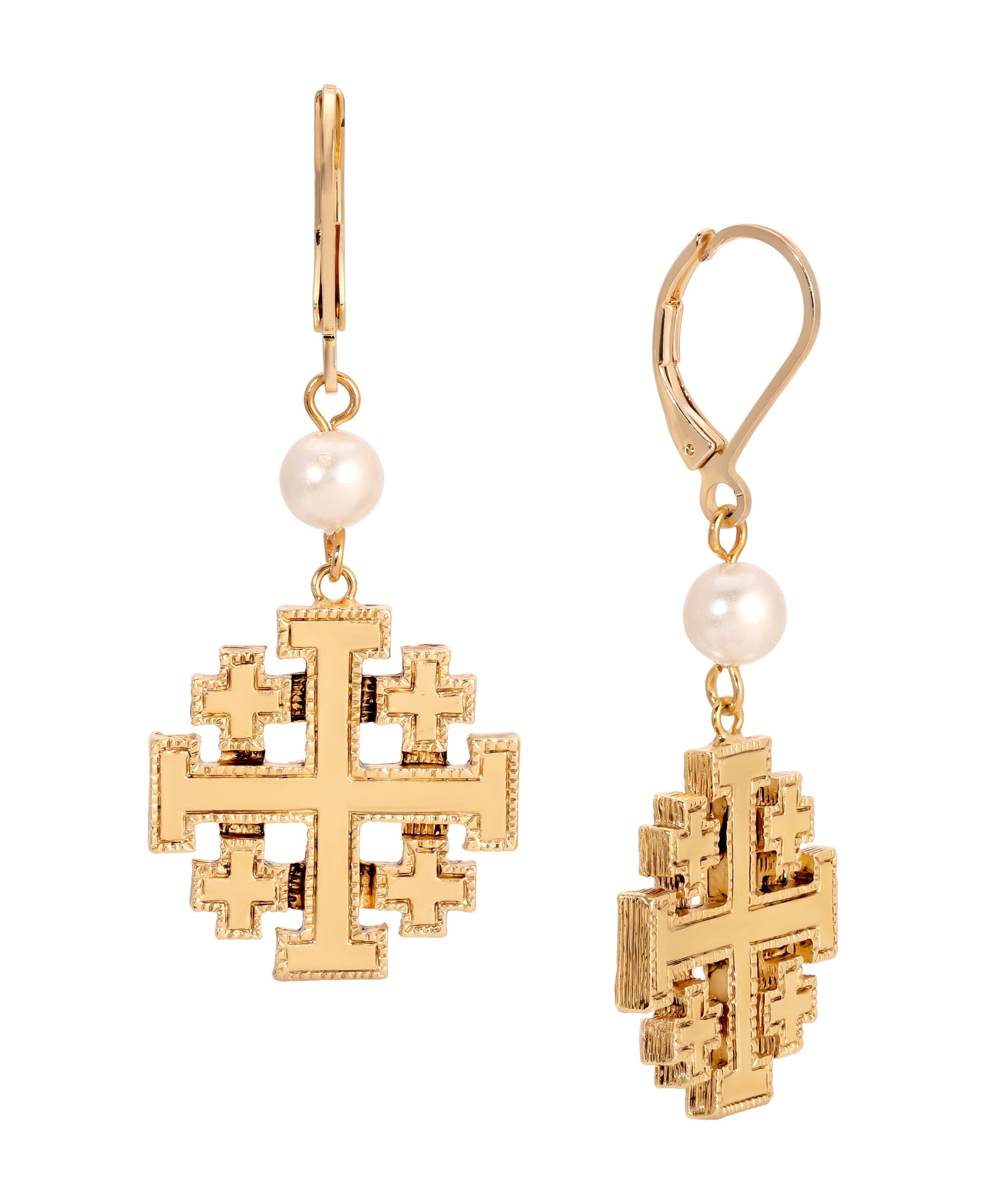Symbols Of Faith Faux Pearl Jerusalem Cross Dangling Earrings