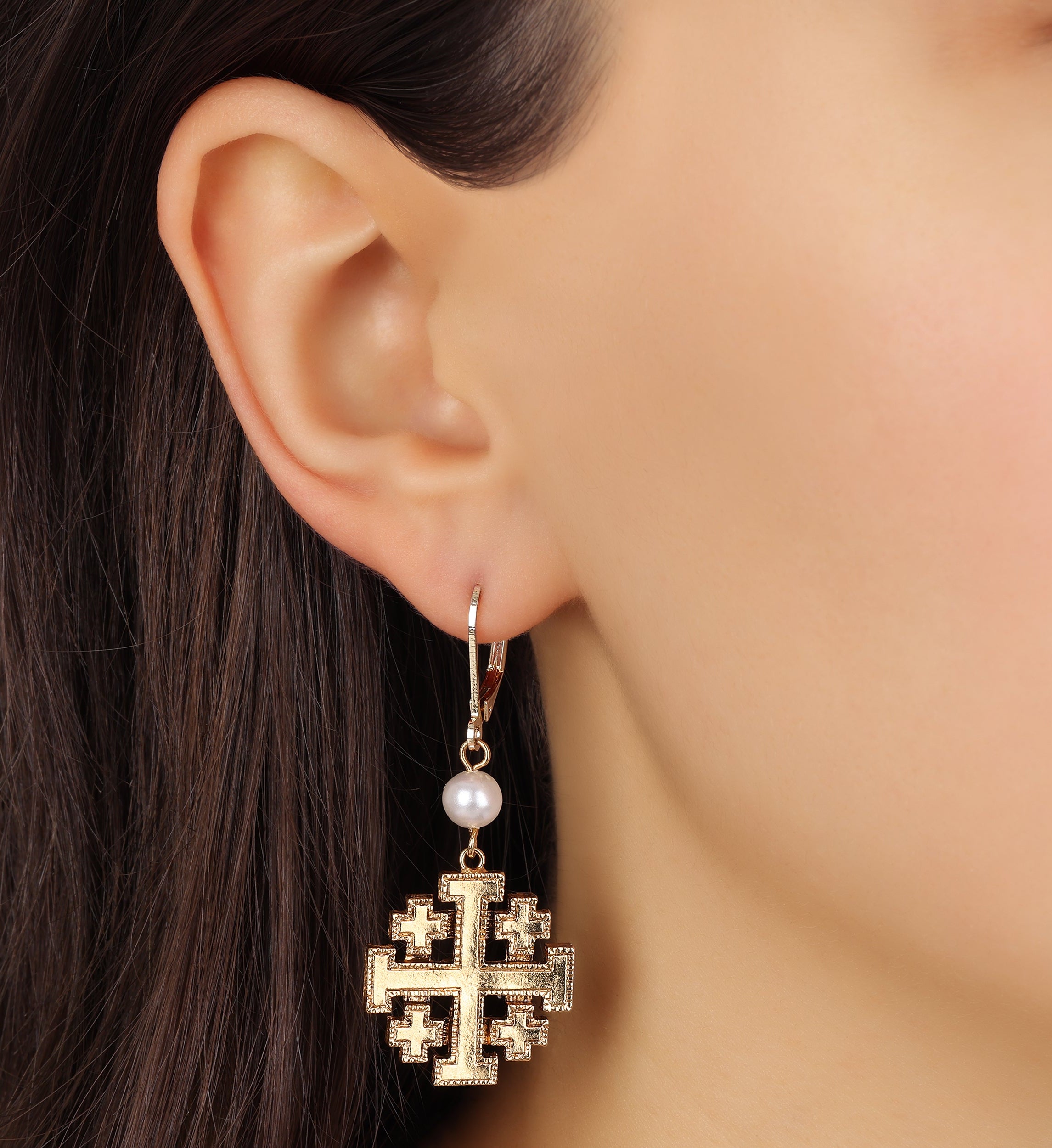 Symbols Of Faith Faux Pearl Jerusalem Cross Dangling Earrings