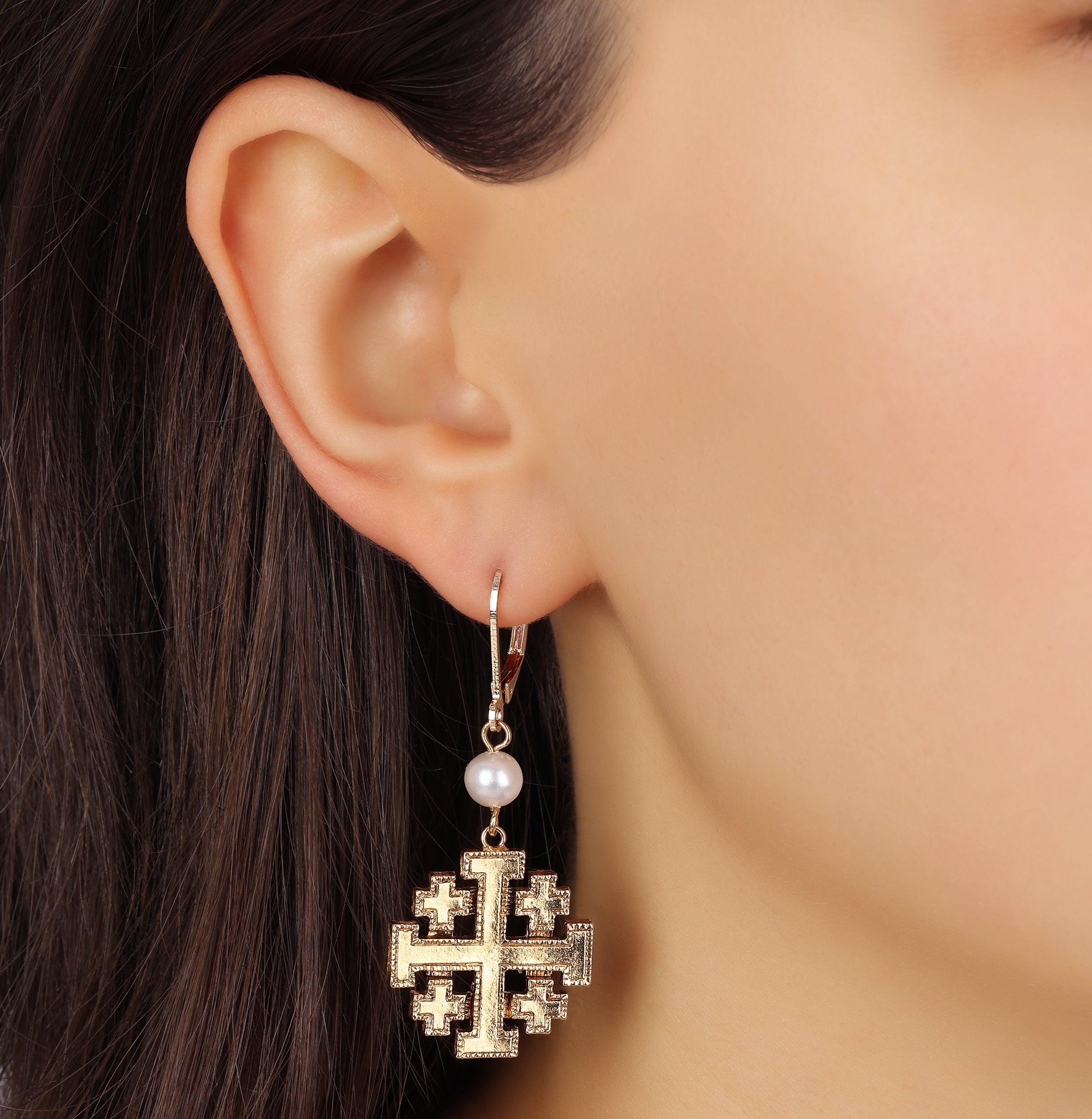 Symbols Of Faith Faux Pearl Jerusalem Cross Dangling Earrings