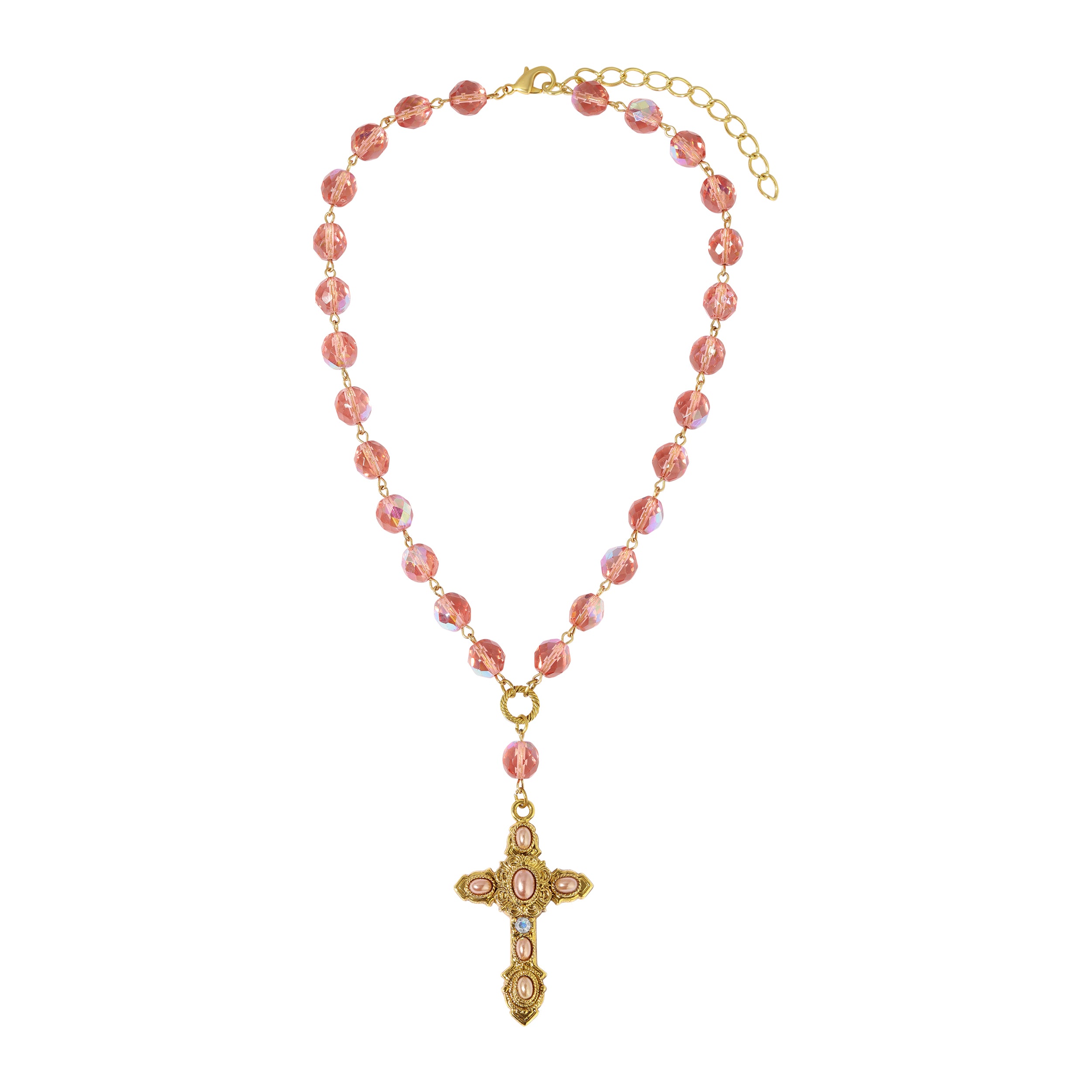 Zoomed out look at the entire Symbols Of Faith Peach Rose AB Beaded Cross Pendant Necklace 17" + 3" Extension piece
