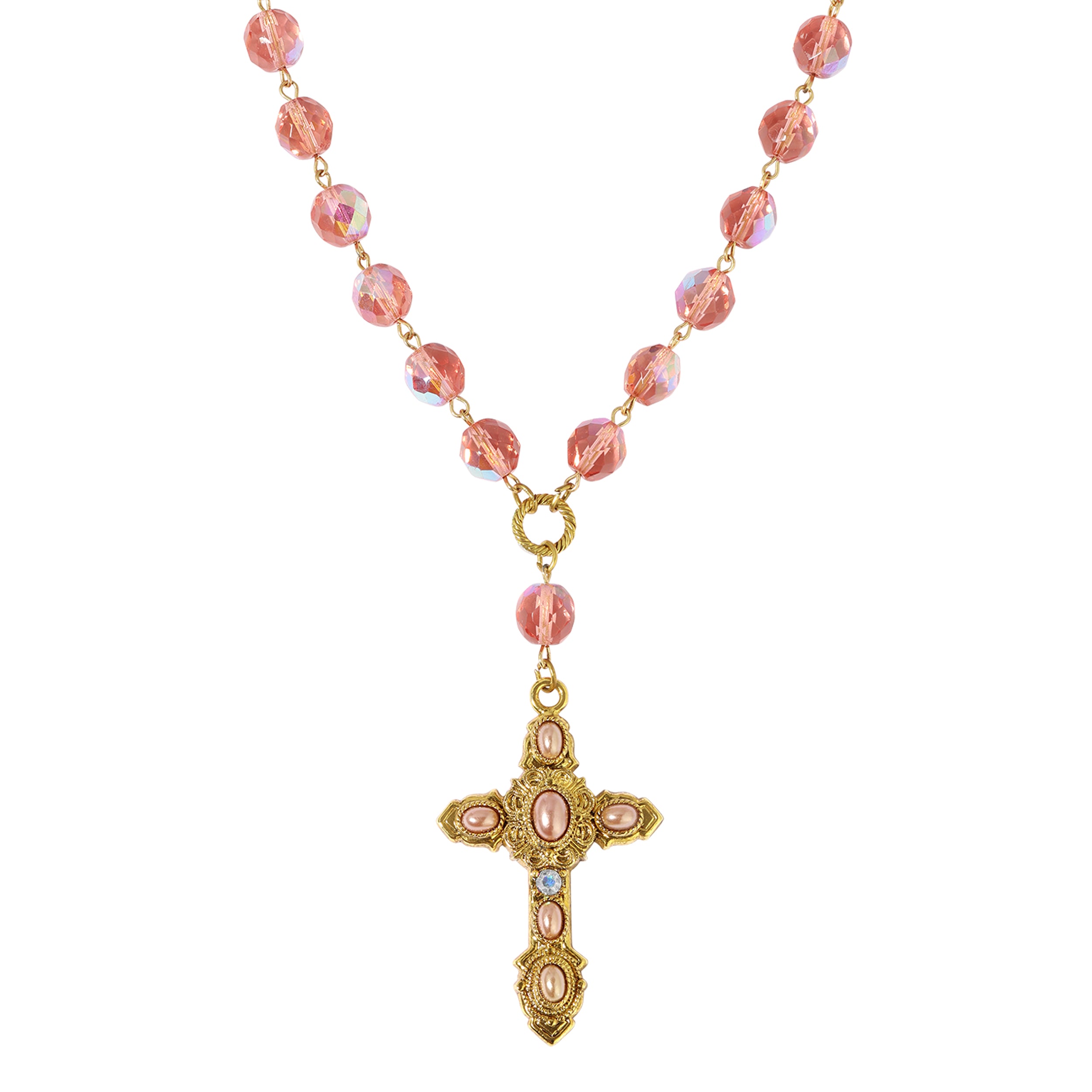 Symbols Of Faith Peach Rose AB Beaded Cross Pendant Necklace 17" + 3" Extension
