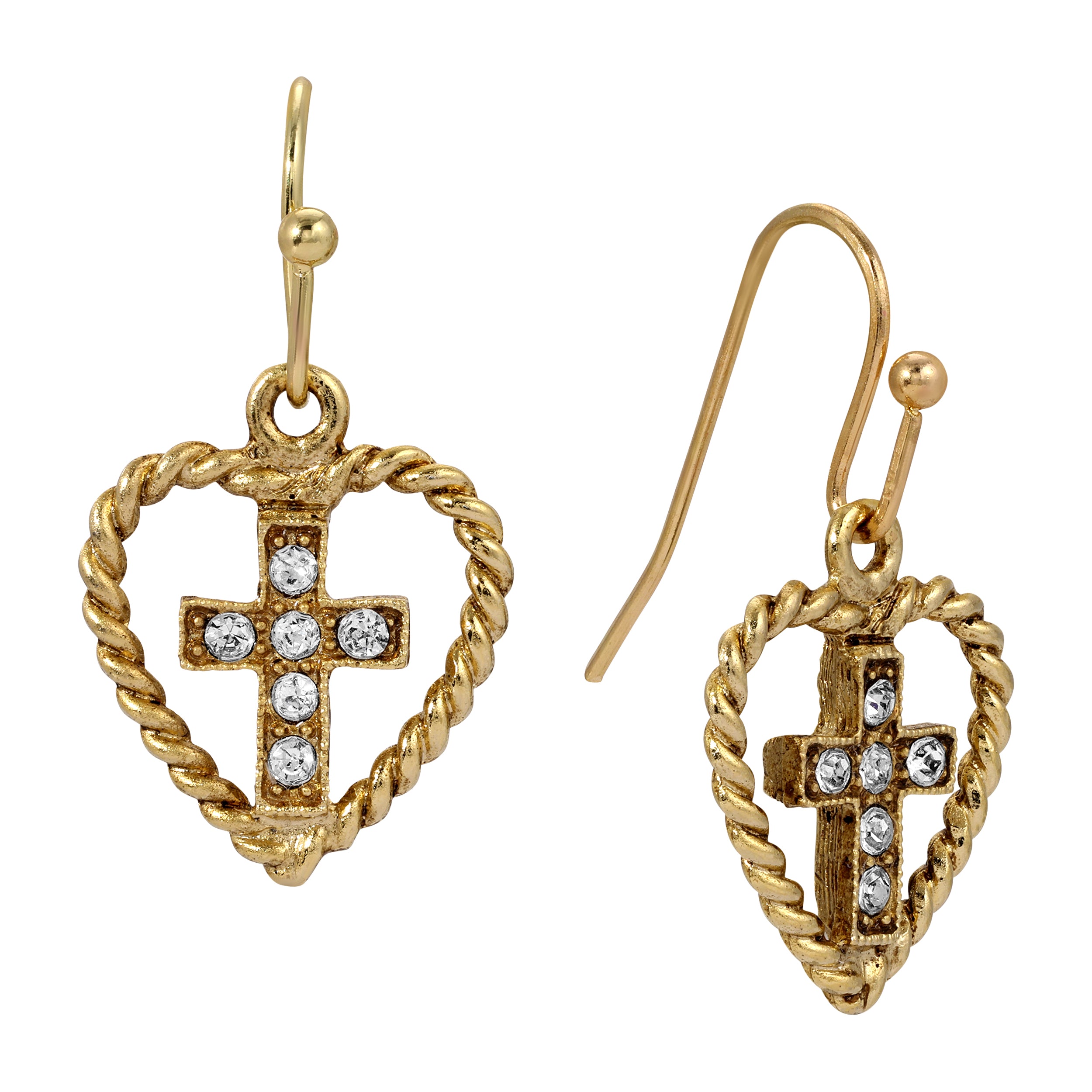 Golden Roped Heart & Clear Crystal Cross Drop Earrings