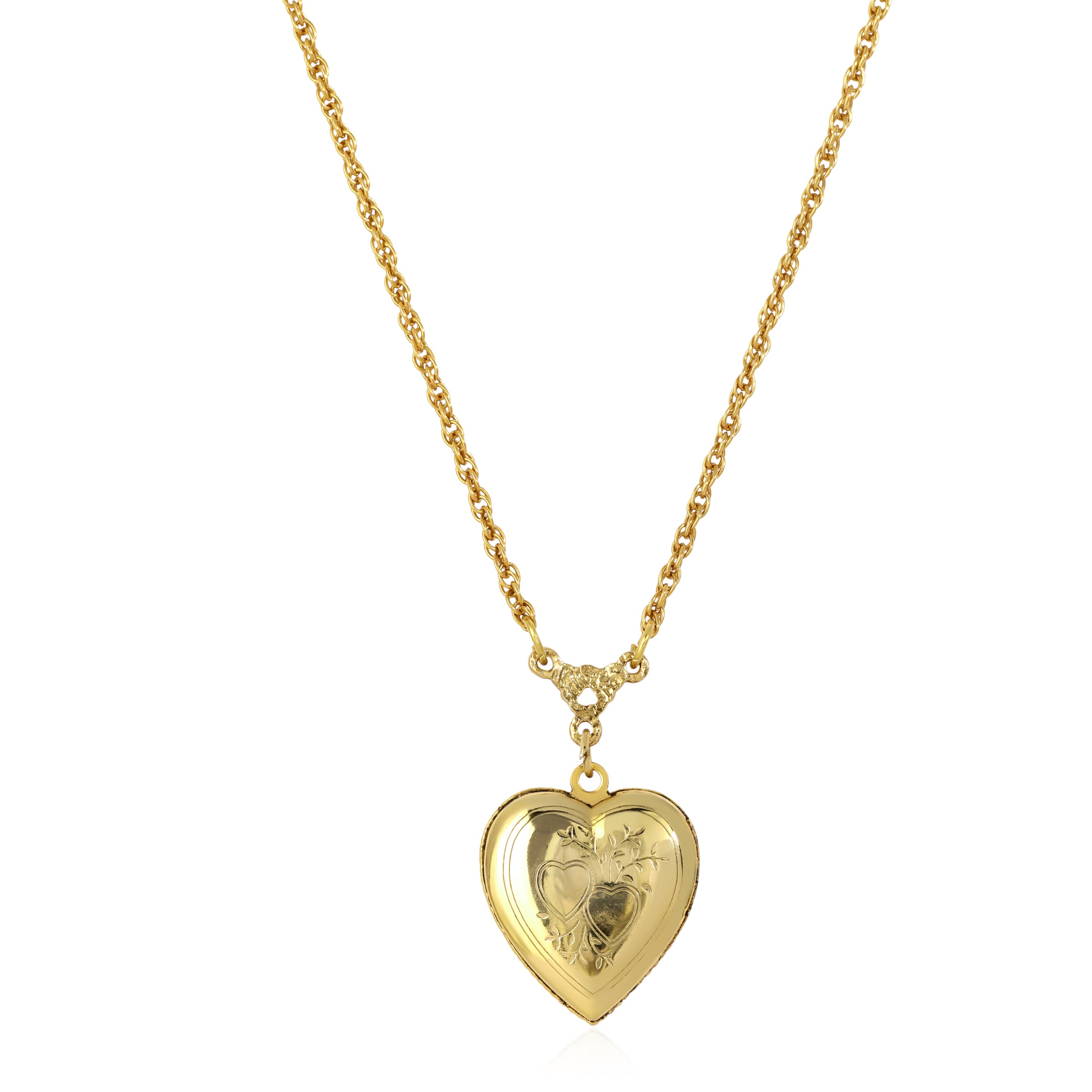 Luminous gold tone backing of the Red Enameled Heart & Crystal Cross Locket Necklace 18"