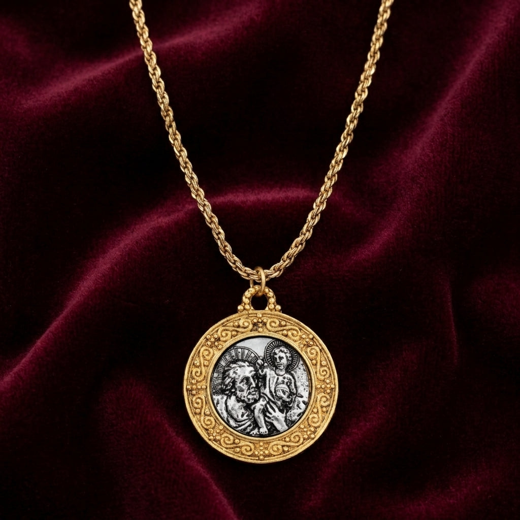 Gold tone necklace with a pendant featuring St. Christopher on a red velvet background