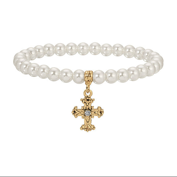 Golden Pearl Bead & Cross Charm Stretch Bracelet