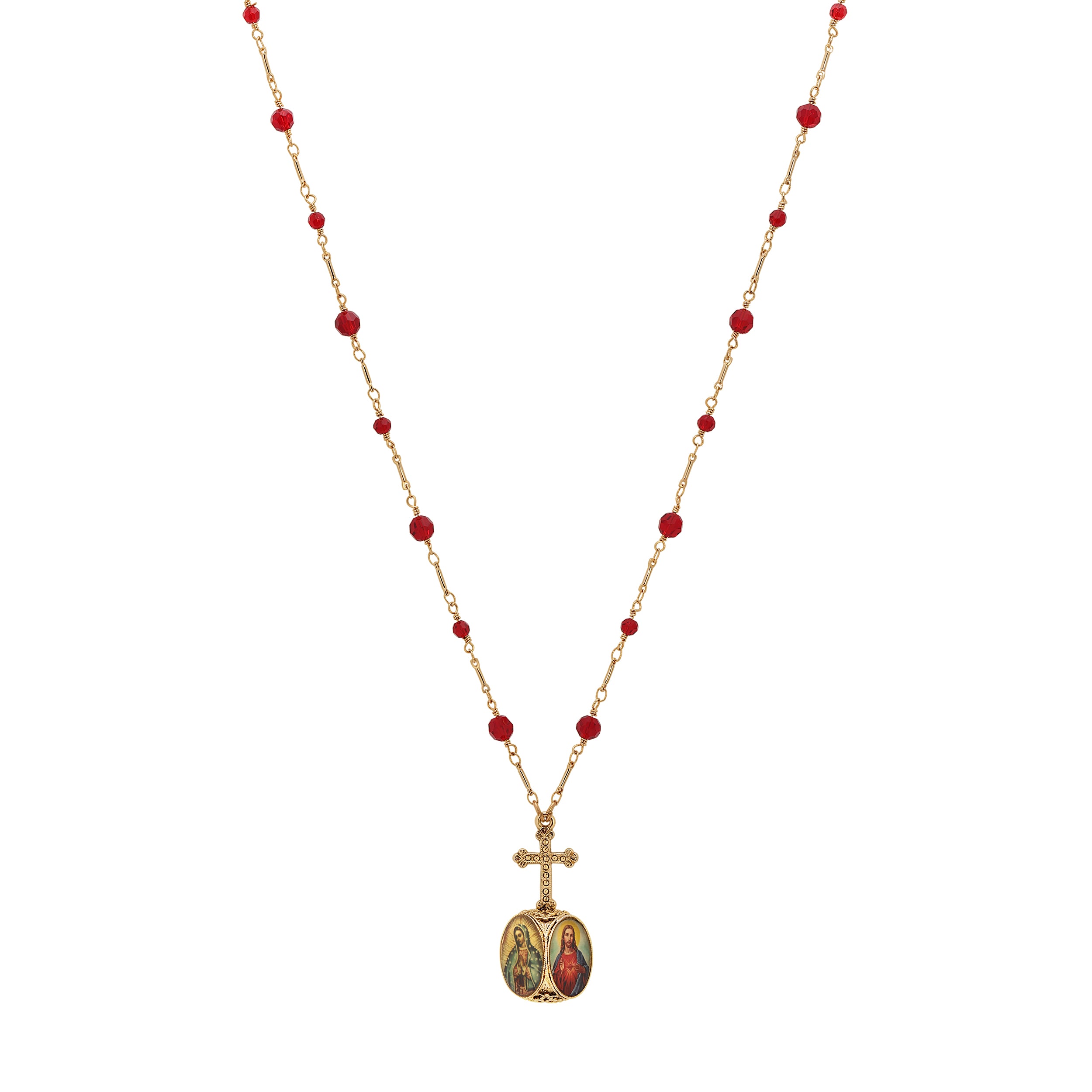 Necklace with red beads and a gold pendant on a white background