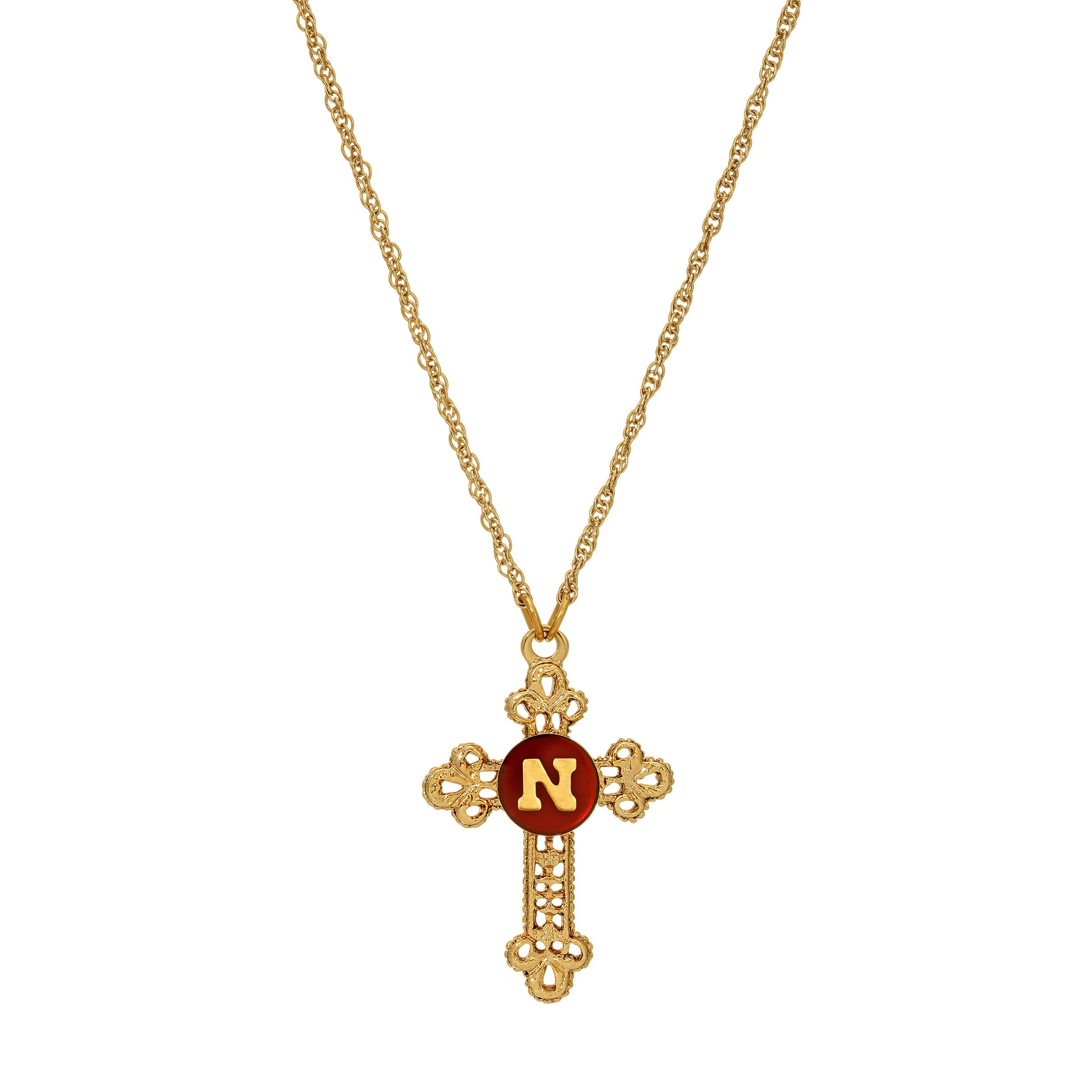 Symbols Of Faith Red Enamel Initial Gold Cross Pendant Necklace 18" - Letter "N"