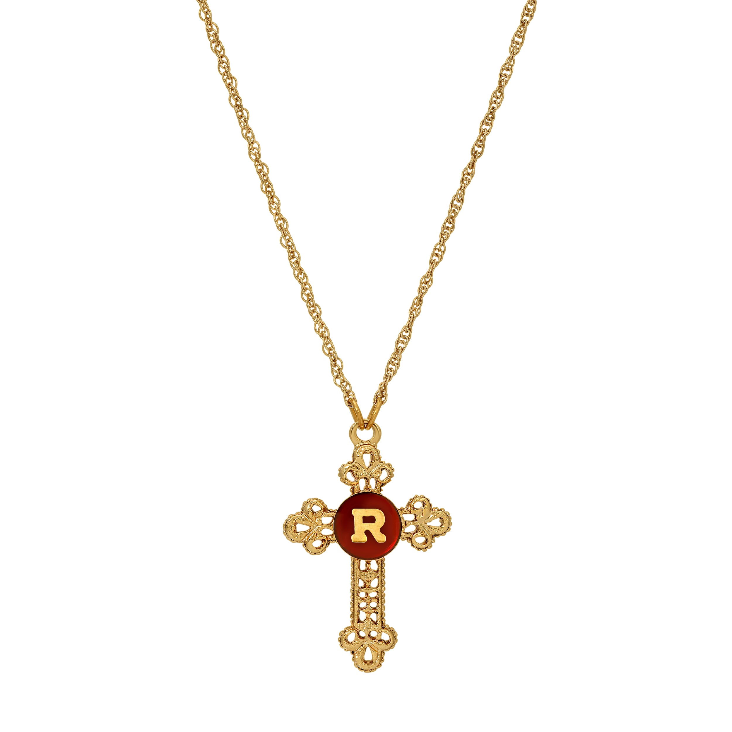 Symbols Of Faith Red Enamel Initial Gold Cross Pendant Necklace 18" - Letter "R"