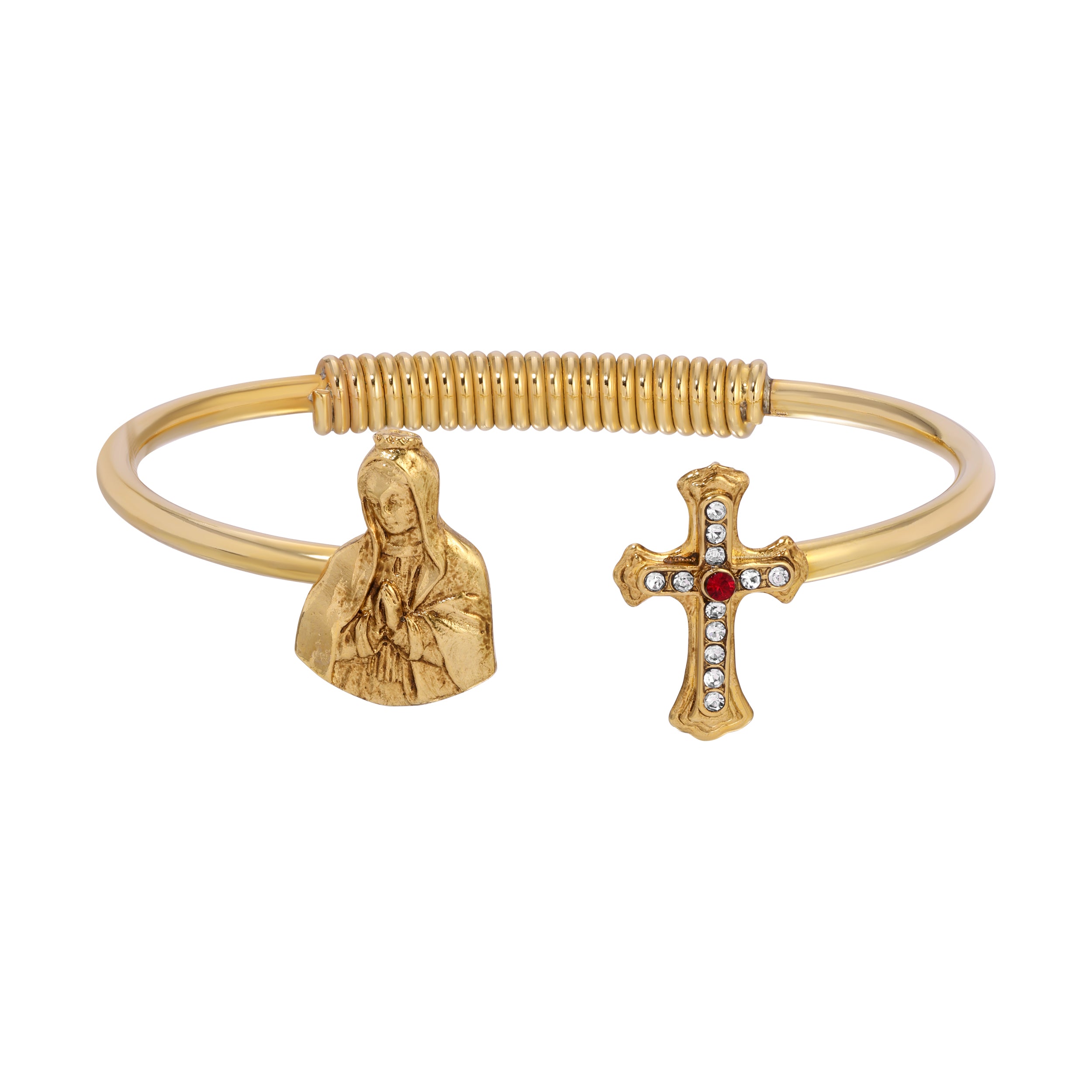 Gold tone Virgin Mary & Cross Hinge Bracelet