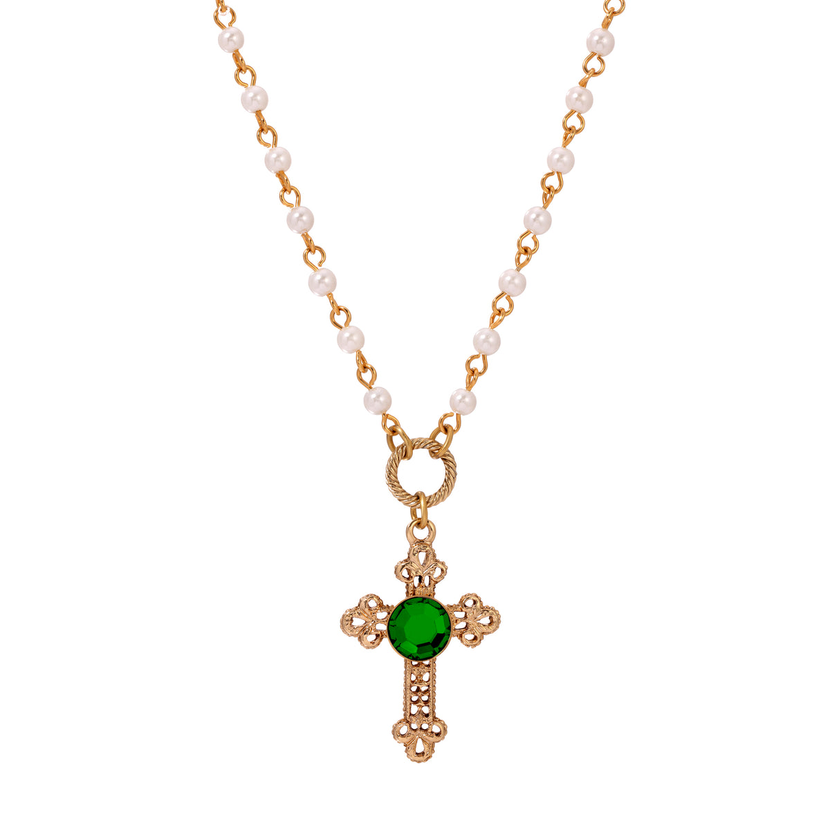 Round Emerald Green Crystal Cross & Faux Pearl Chain Pendant Necklace 16" + 3" Extension - Green