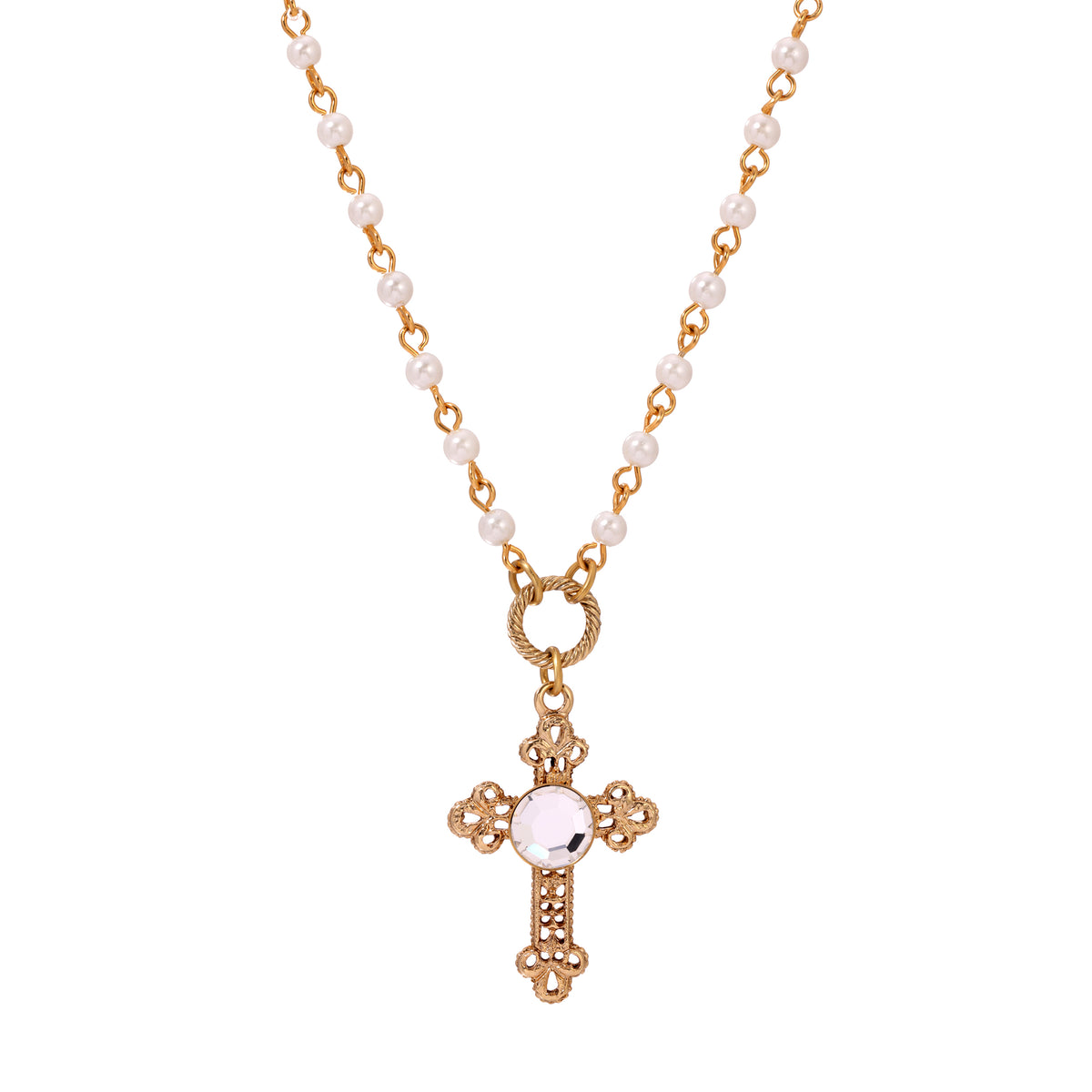 Round Clear Crystal Cross & Faux Pearl Chain Pendant Necklace 16" + 3" Extension - Crystal Clear