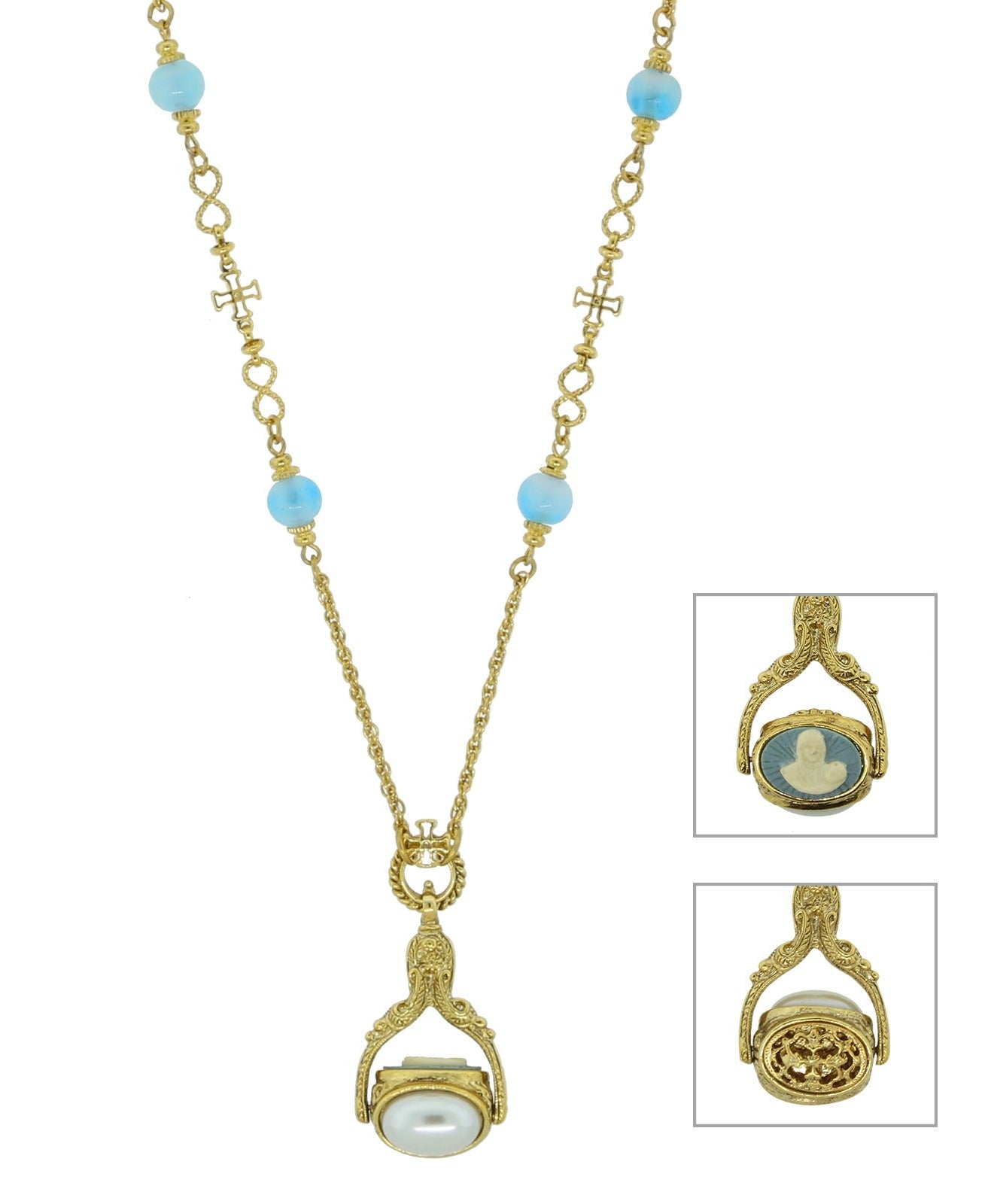 Symbols Of Faith Triple Spinner Madonna And Child Cameo Pendant Necklace 30"