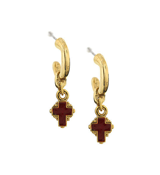 Symbols of Faith Hoops With Red Enamel Cross Drop Earrings