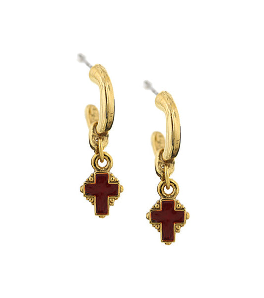 Symbols of Faith Hoops With Red Enamel Cross Drop Earrings