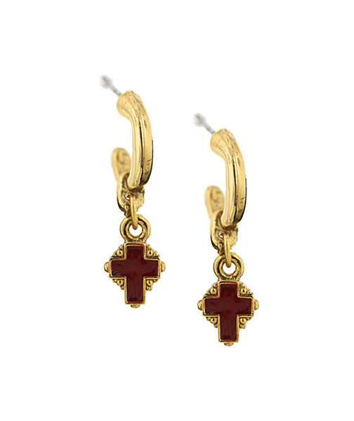 Symbols of Faith Hoops With Red Enamel Cross Drop Earrings