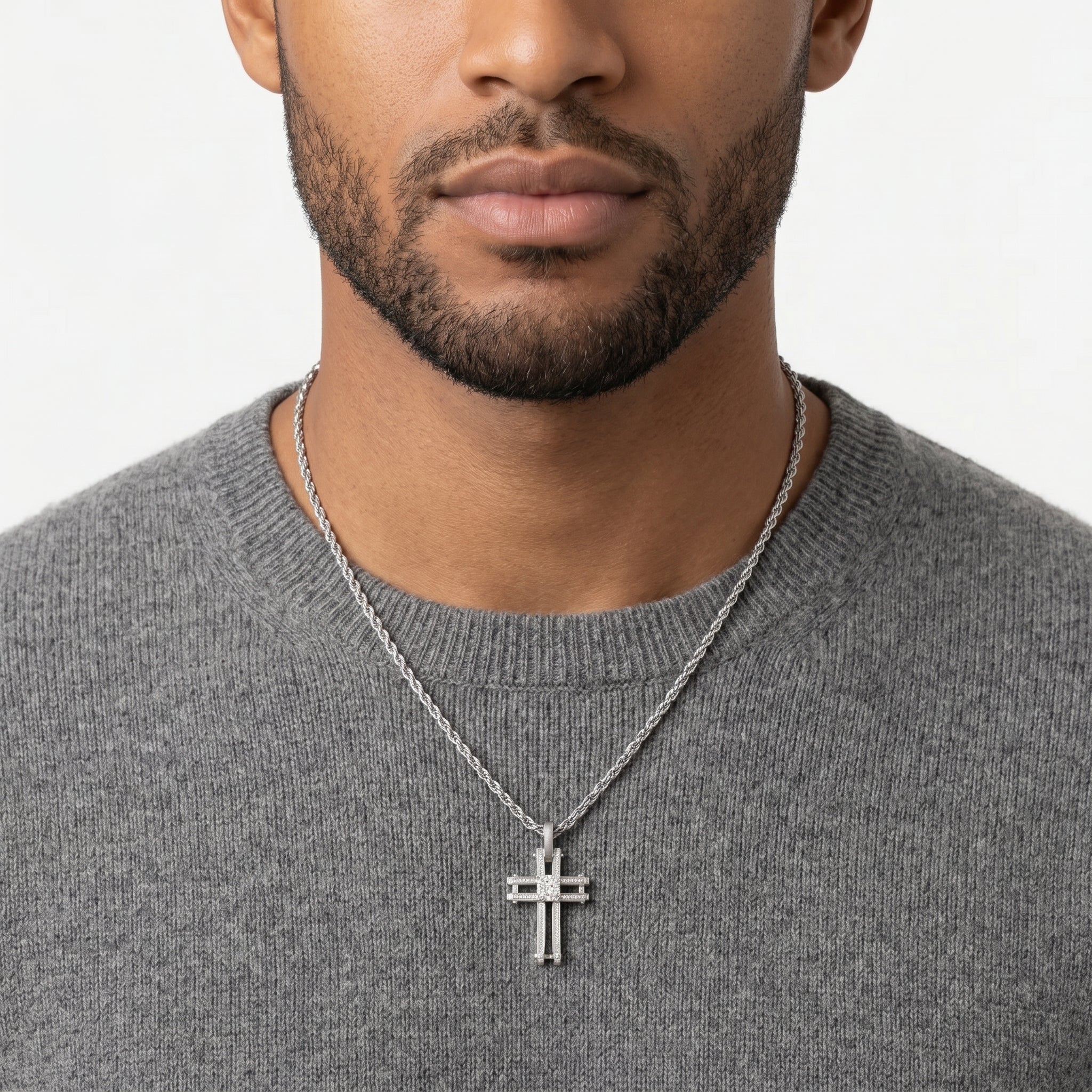 Man wearing a Square Austrian Crystal Cross Pendant Necklace