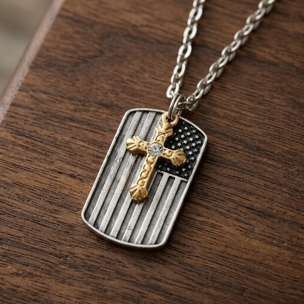 Necklace with a pendant featuring a gold tone cross on an American flag dog tag, displayed on a wooden surface.