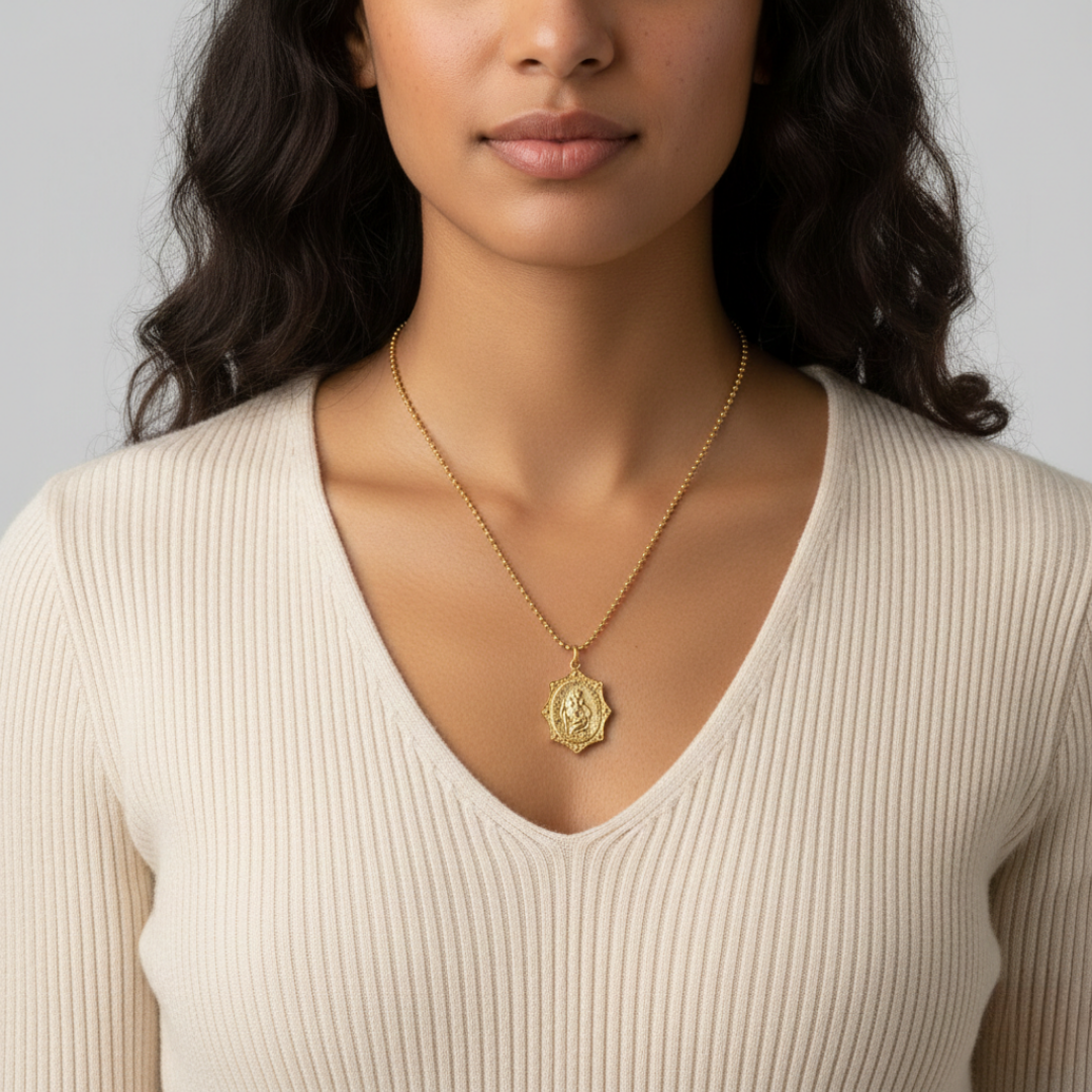 St. Christopher gold necklace with a pendant of Child and faith inscription on a 1.5mm ball chain.