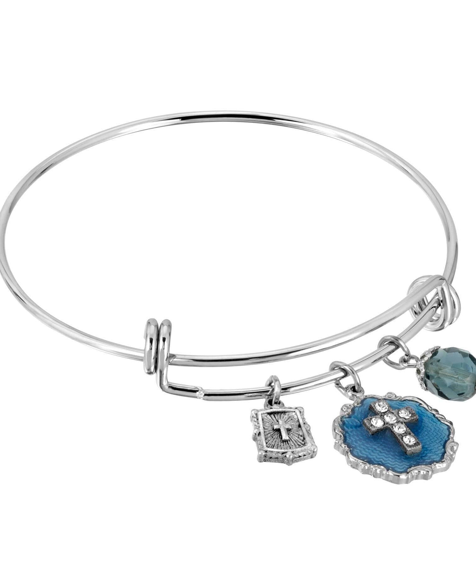 Symbols Of Faith Blue Enamel Crystal Cross Beaded Slide Charm Bracelet