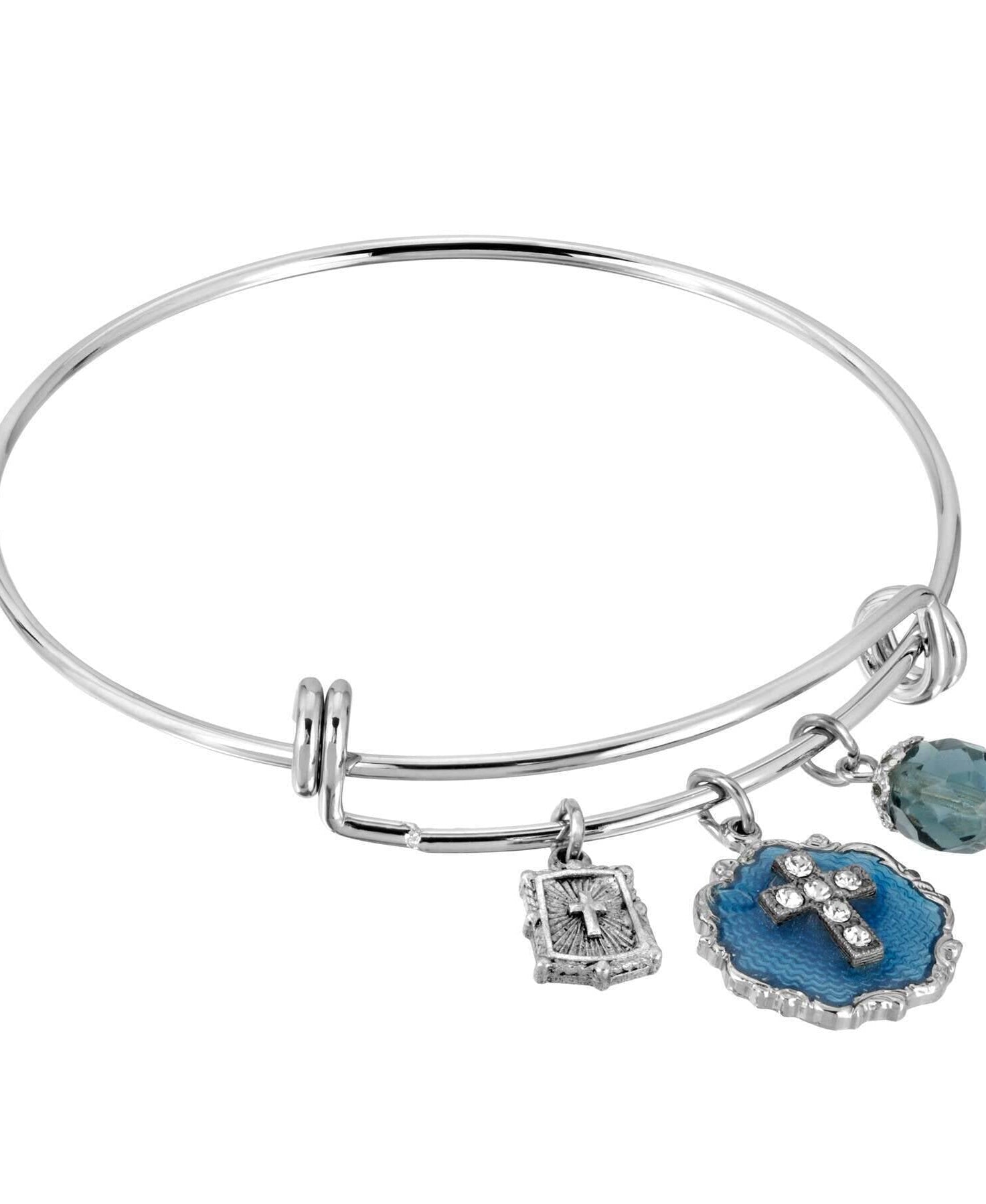 Symbols Of Faith Blue Enamel Crystal Cross Beaded Slide Charm Bracelet