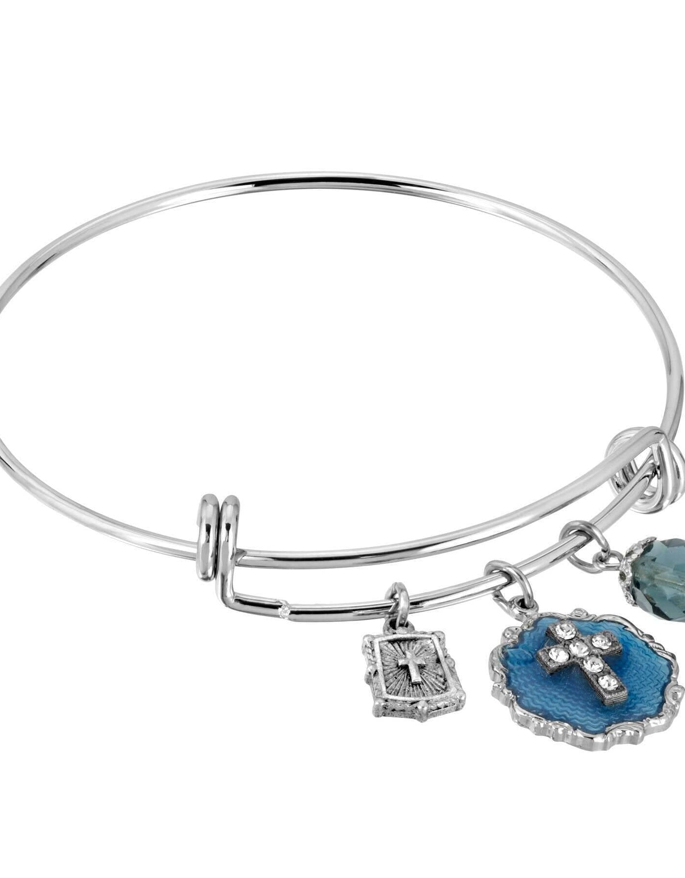 Symbols Of Faith Blue Enamel Crystal Cross Beaded Slide Charm Bracelet