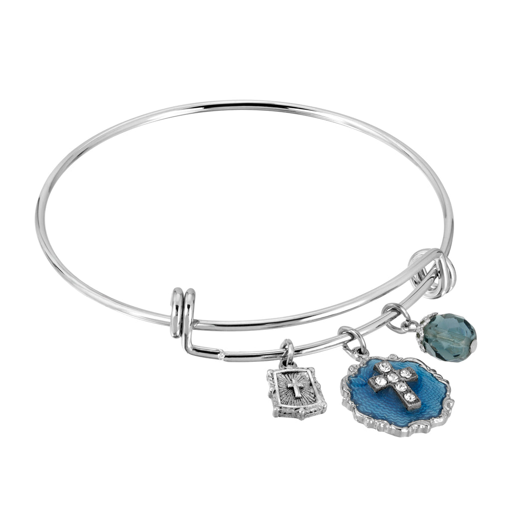 Symbols Of Faith Blue Enamel Crystal Cross Beaded Slide Charm Bracelet