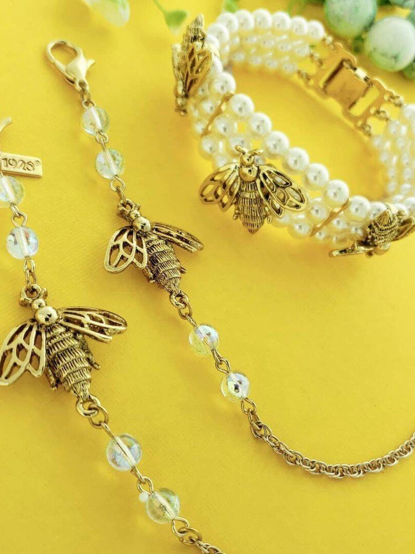 1928 Jewelry Bee Face Mask Chain Holder With AB Crystals 22 Inches