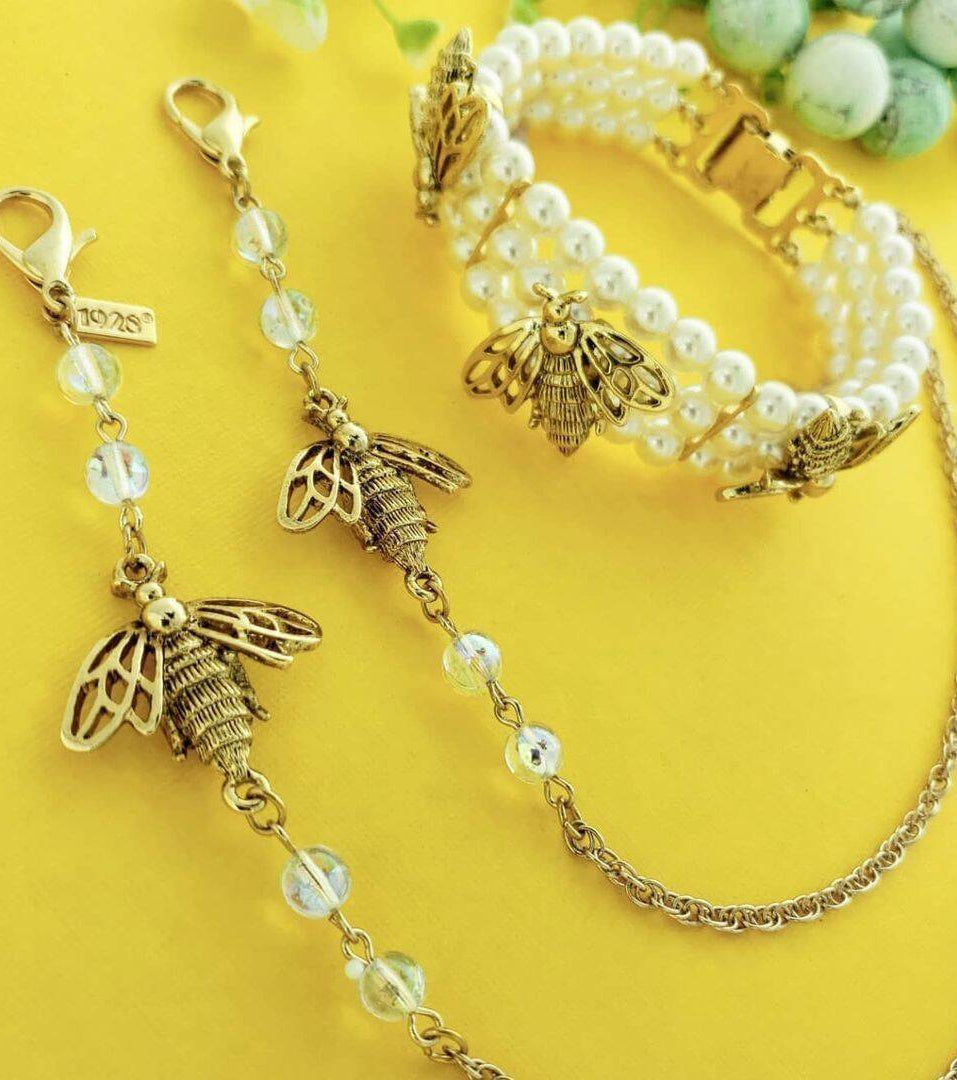 1928 Jewelry Bee Face Mask Chain Holder With AB Crystals 22 Inches