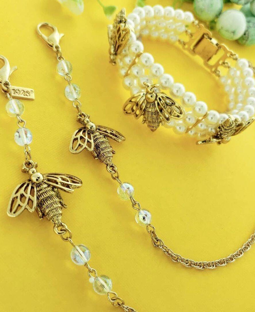 1928 Jewelry Bee Face Mask Chain Holder With AB Crystals 22 Inches