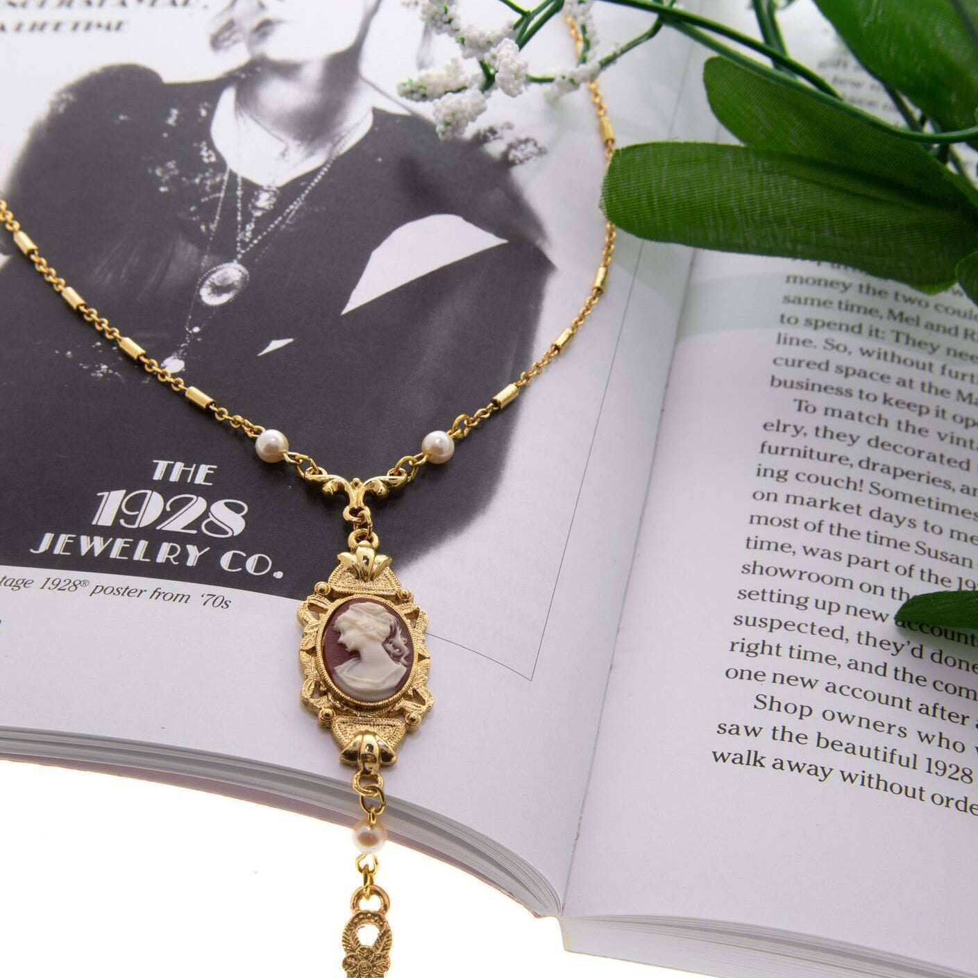 1928 Jewelry Frances Cameo Pendant Faux Pearl & Leaf Drop 24" Necklace