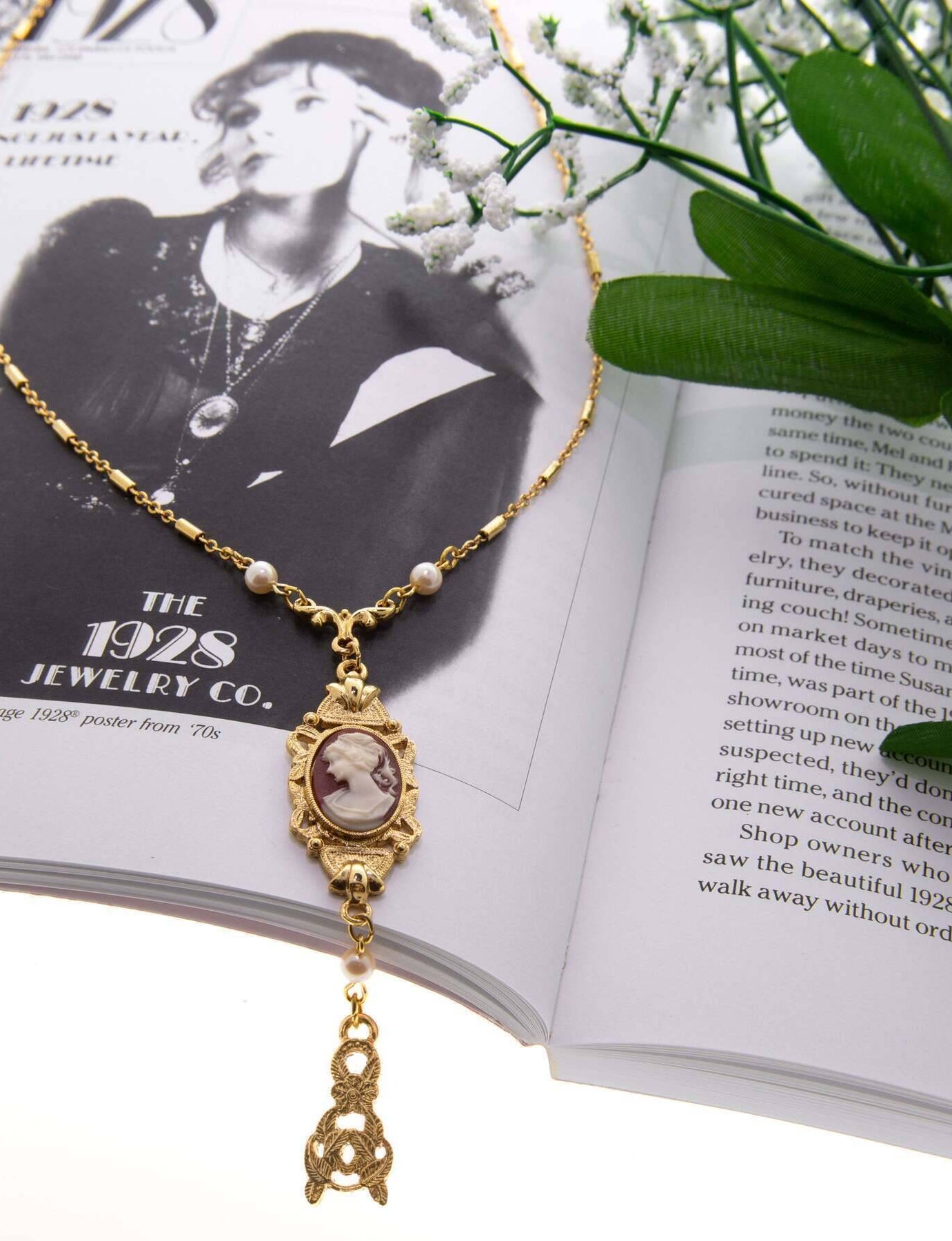 1928 Jewelry Frances Cameo Pendant Faux Pearl & Leaf Drop 24" Necklace