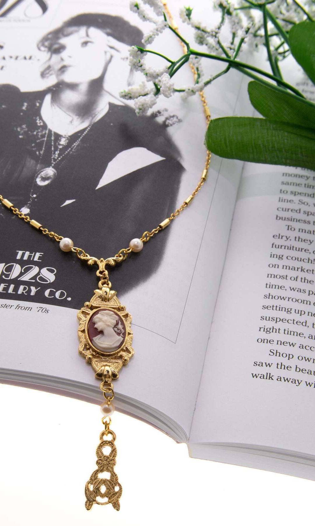 1928 Jewelry Frances Cameo Pendant Faux Pearl & Leaf Drop 24" Necklace