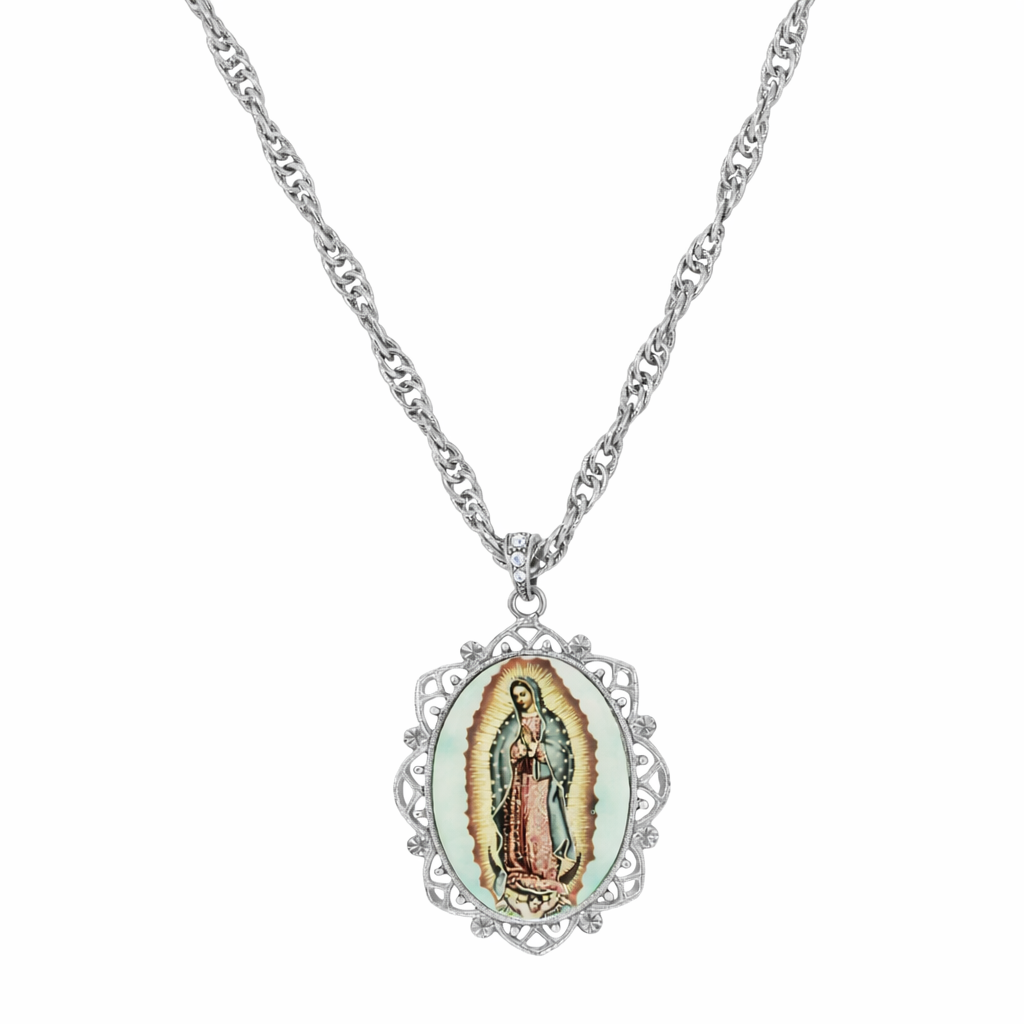 Silver Symbols Of Faith Floral Filigree Lady Of Guadalupe Pendant Necklace 28"