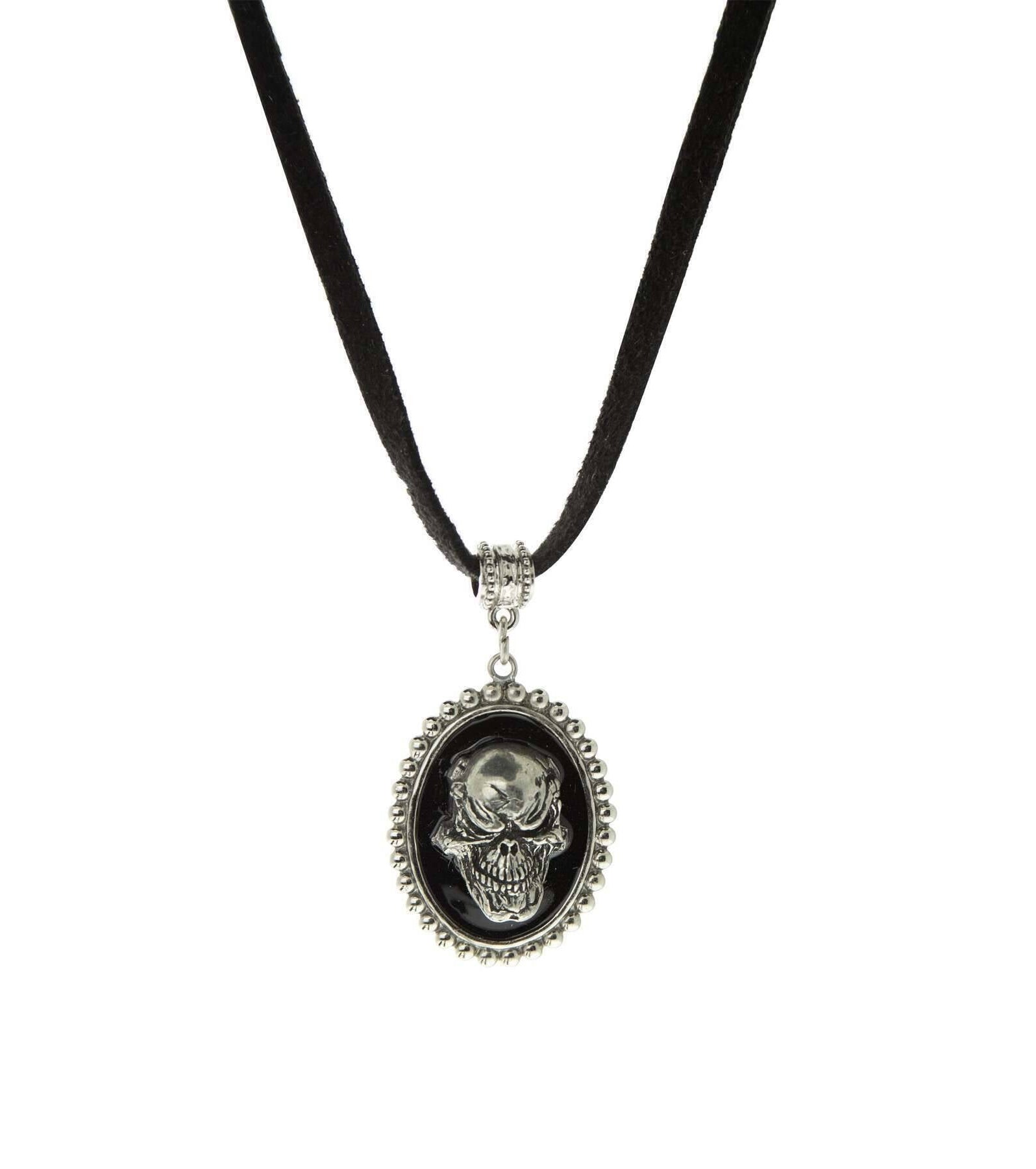 1928 Jewelry Suede Chain Gothic Skull Pendant Necklace 9.5" + 3" Extension Chain