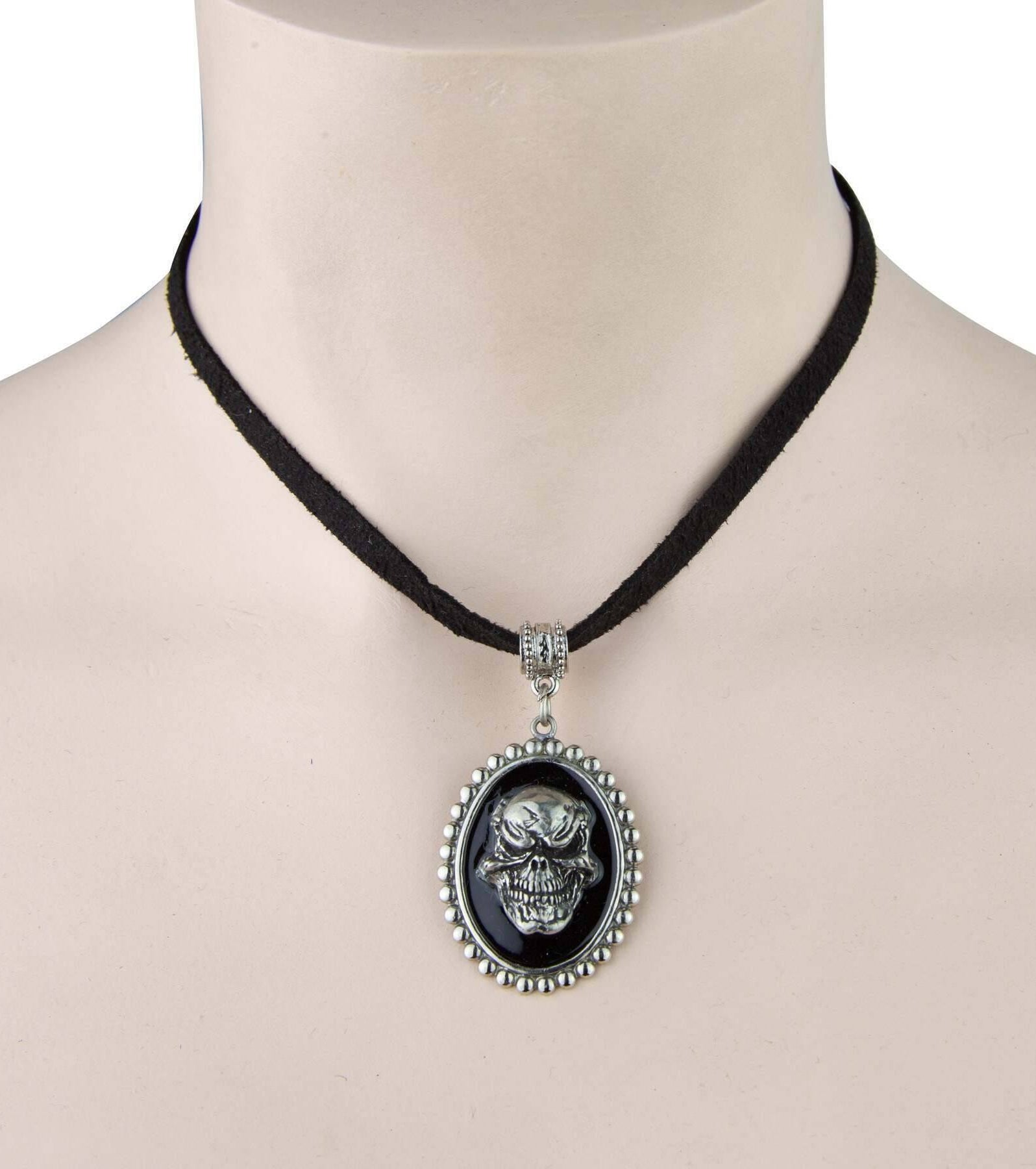 1928 Jewelry Suede Chain Gothic Skull Pendant Necklace 9.5" + 3" Extension Chain