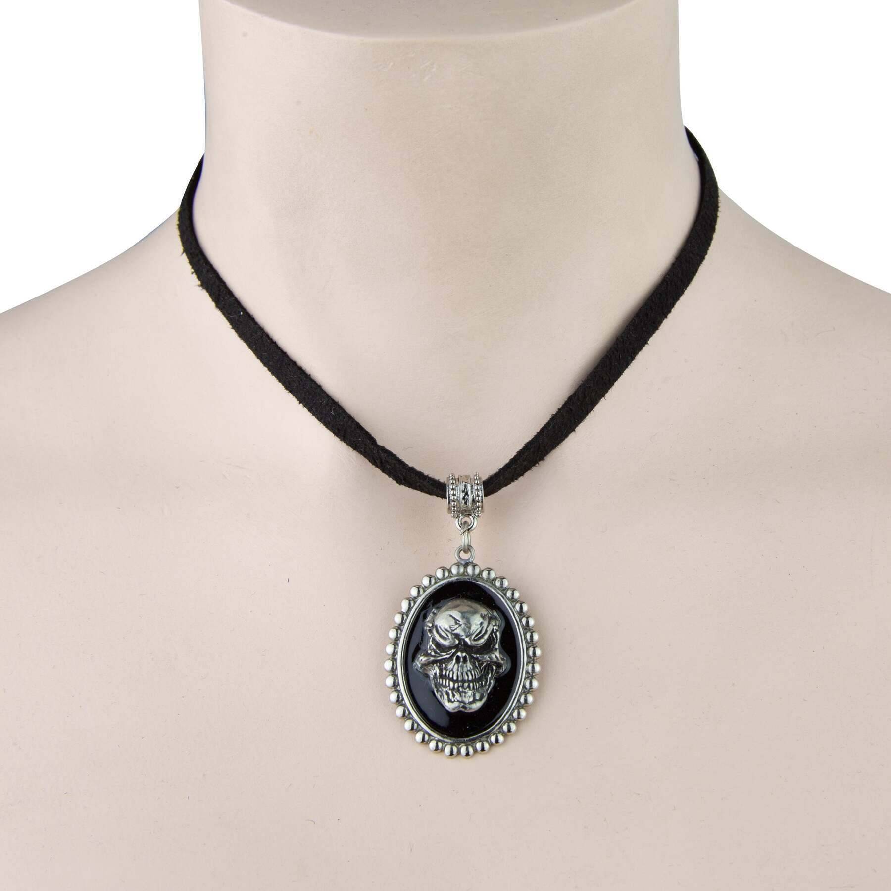 1928 Jewelry Suede Chain Gothic Skull Pendant Necklace 9.5" + 3" Extension Chain