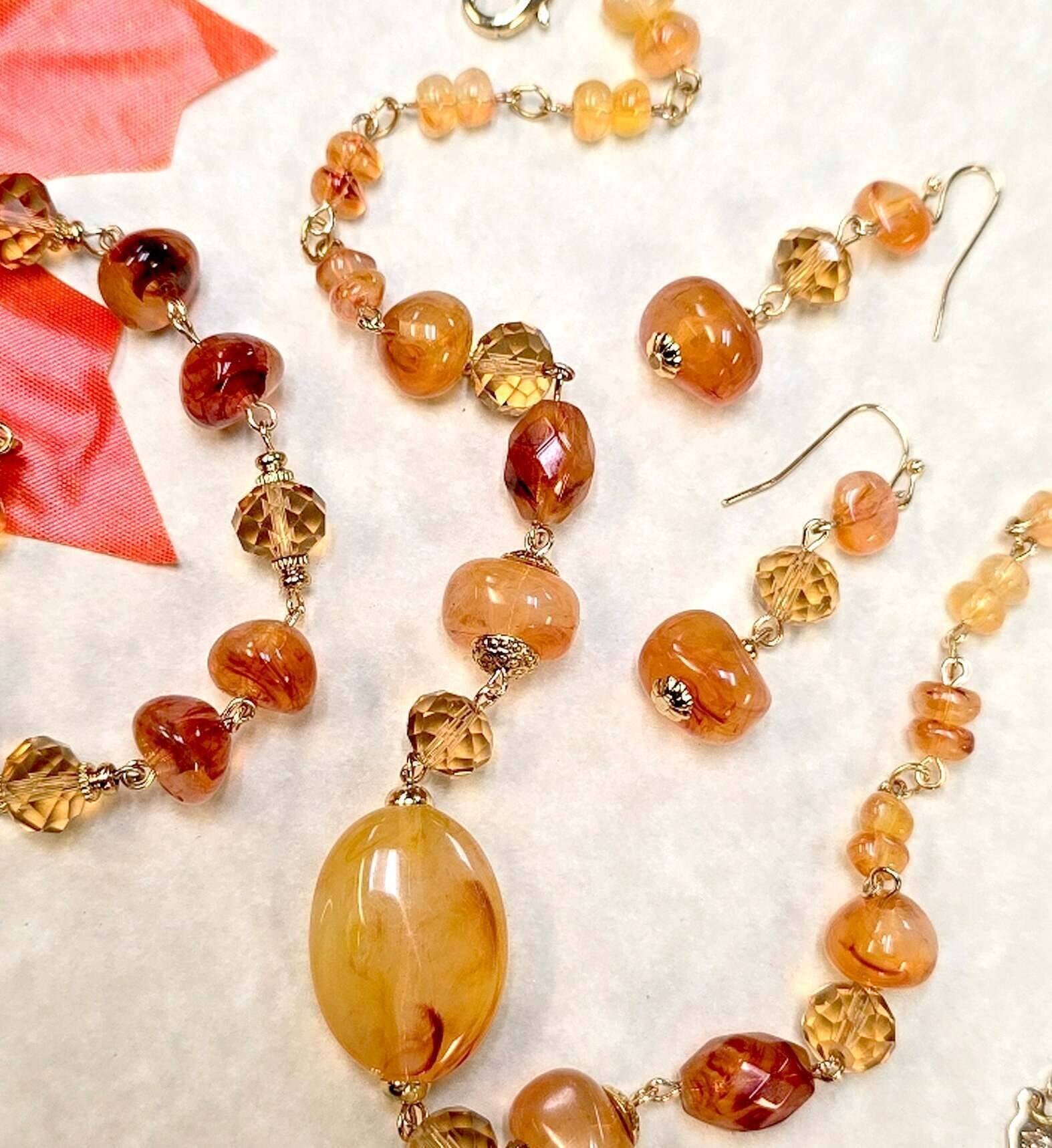 1928 Jewelry Marble Effect Carnelian Beads & Topaz Crystals Dangling Earrings