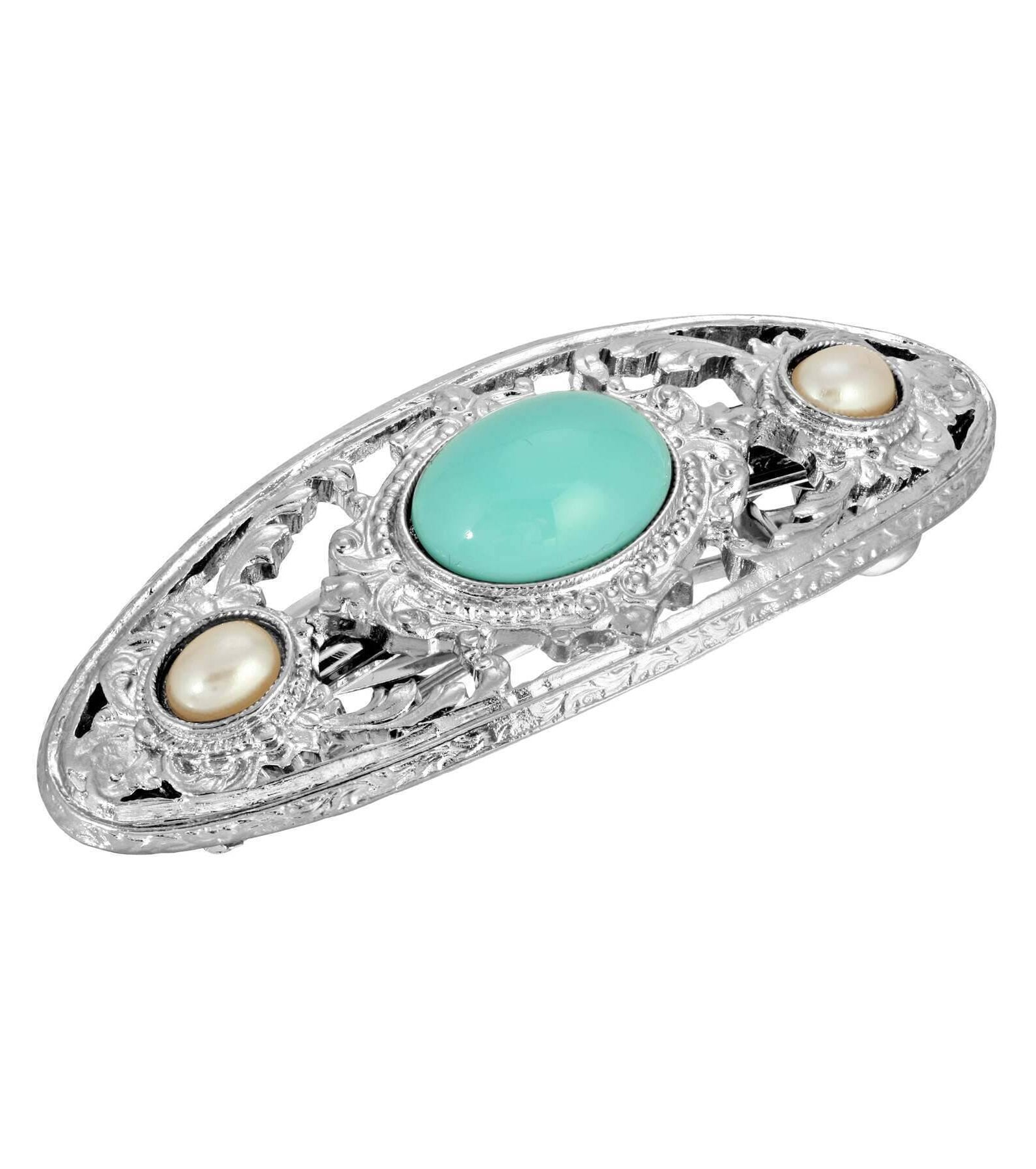1928 Jewelry Turquoise Color And Faux Pearl Stone Hair Barrette