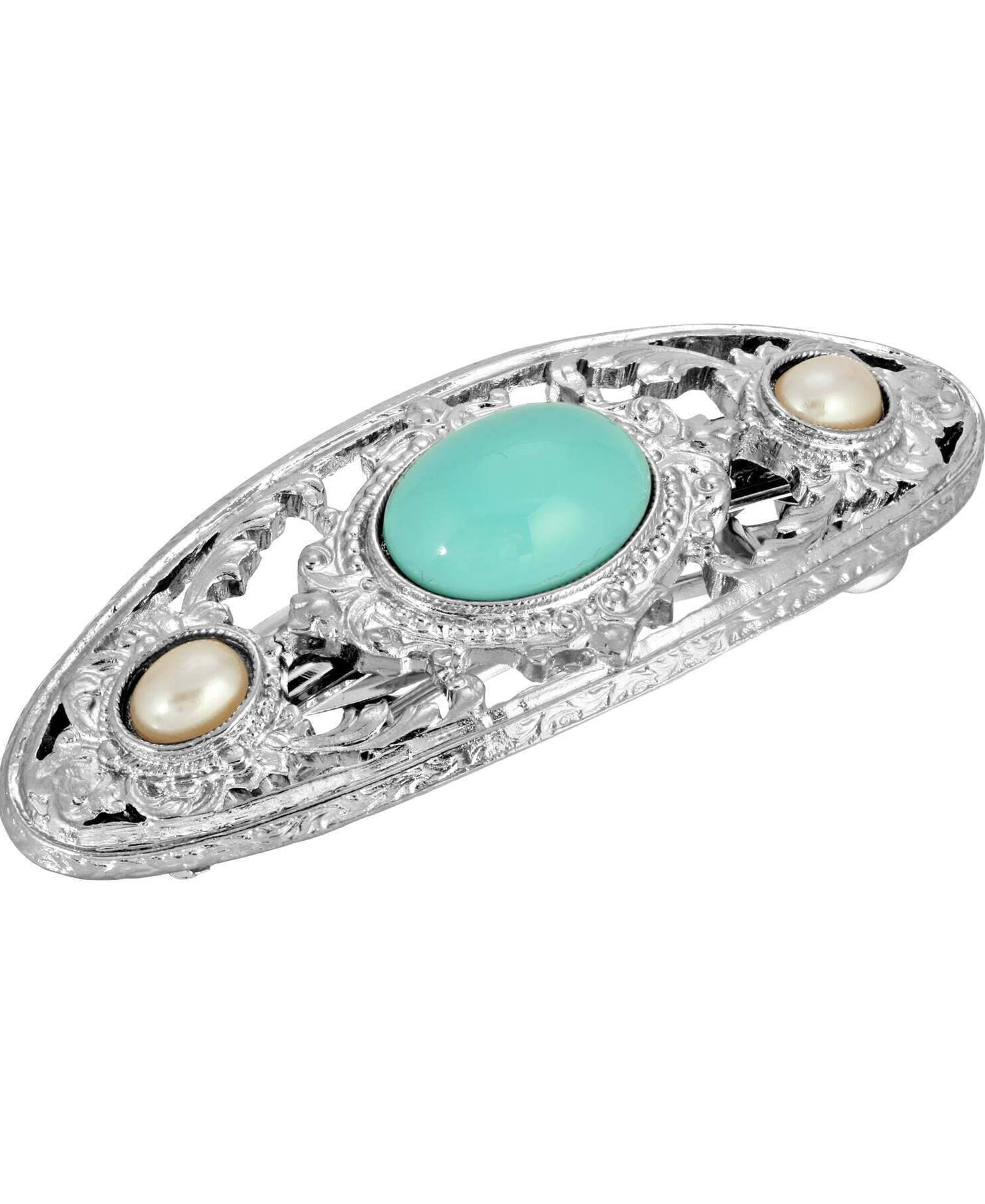 1928 Jewelry Turquoise Color And Faux Pearl Stone Hair Barrette