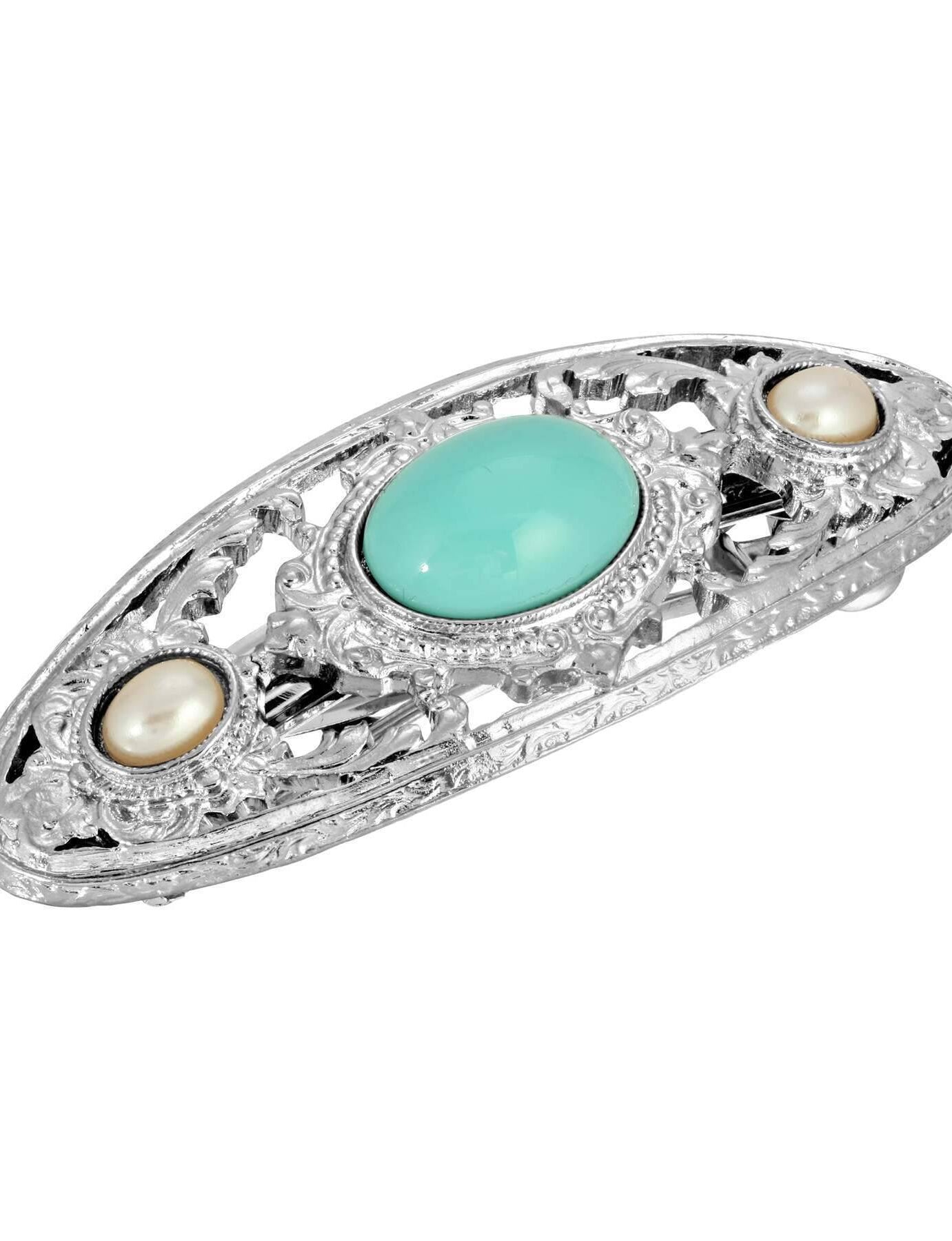 1928 Jewelry Turquoise Color And Faux Pearl Stone Hair Barrette